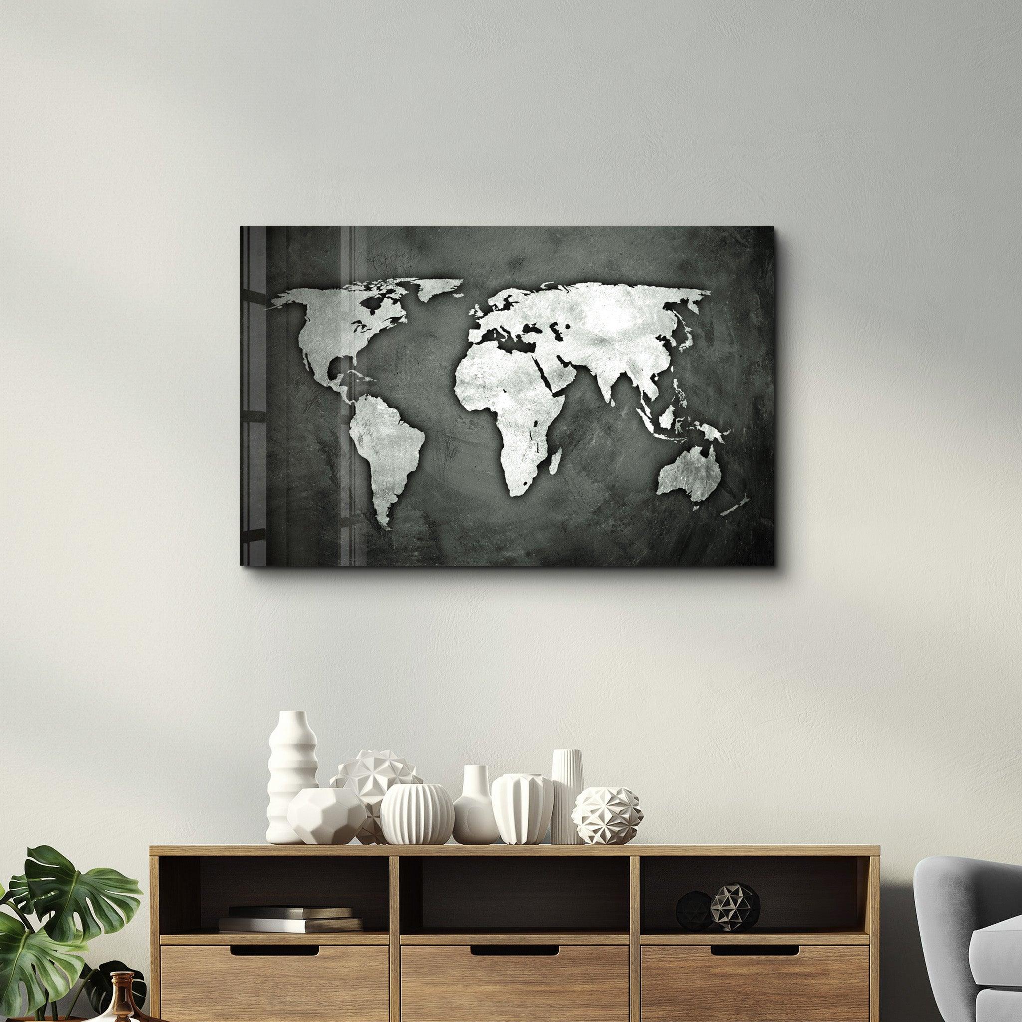 Silver Gray World Map | Glass Wall Art - Artdesigna