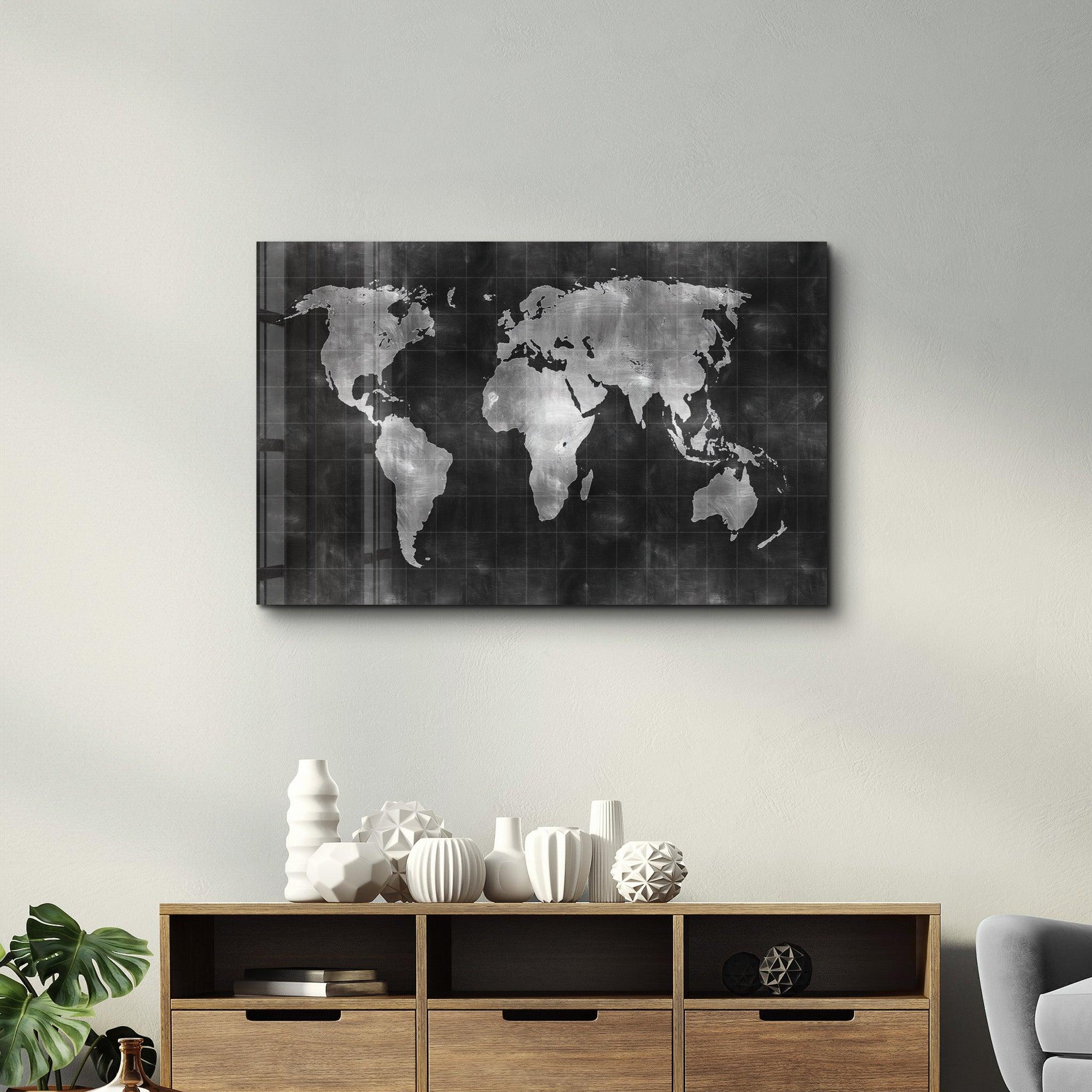 Black Wold Map | Glass Wall Art - Artdesigna