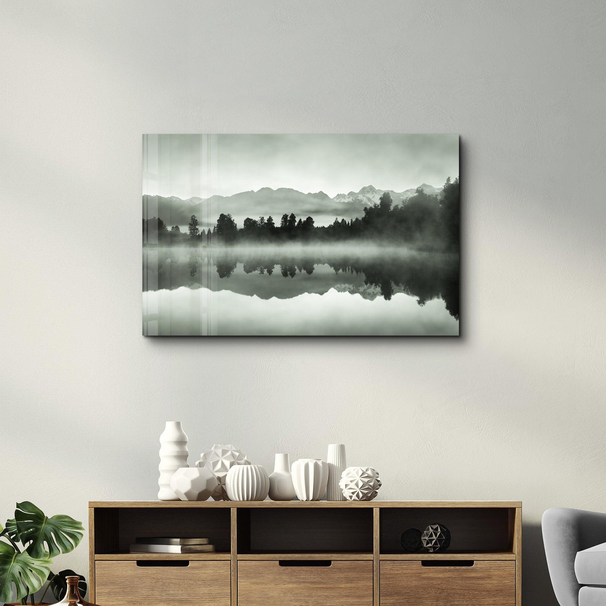 Foggy Lake | Glass Wall Art - Artdesigna