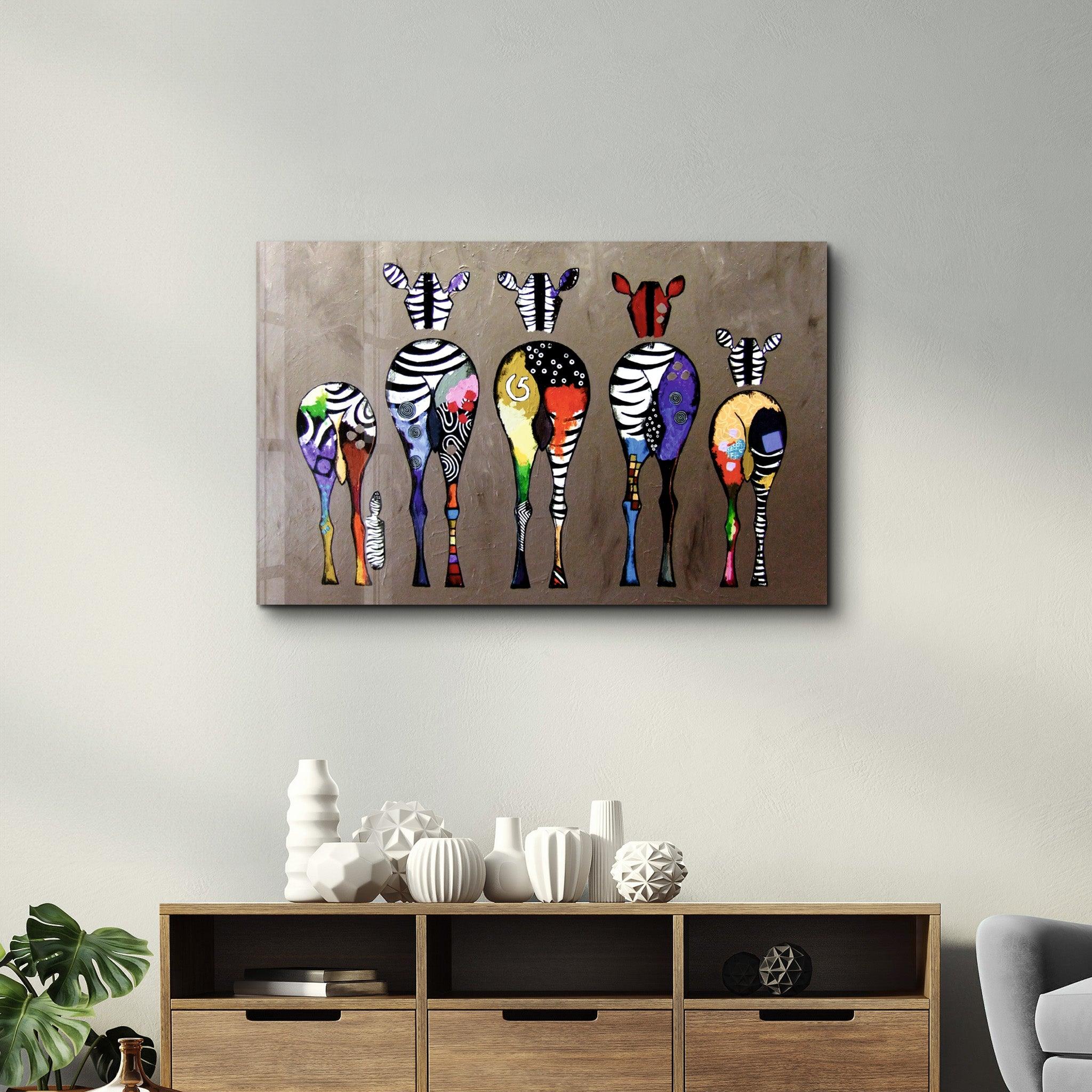 Colorful Zebra Family | Glass Wall Art - Artdesigna