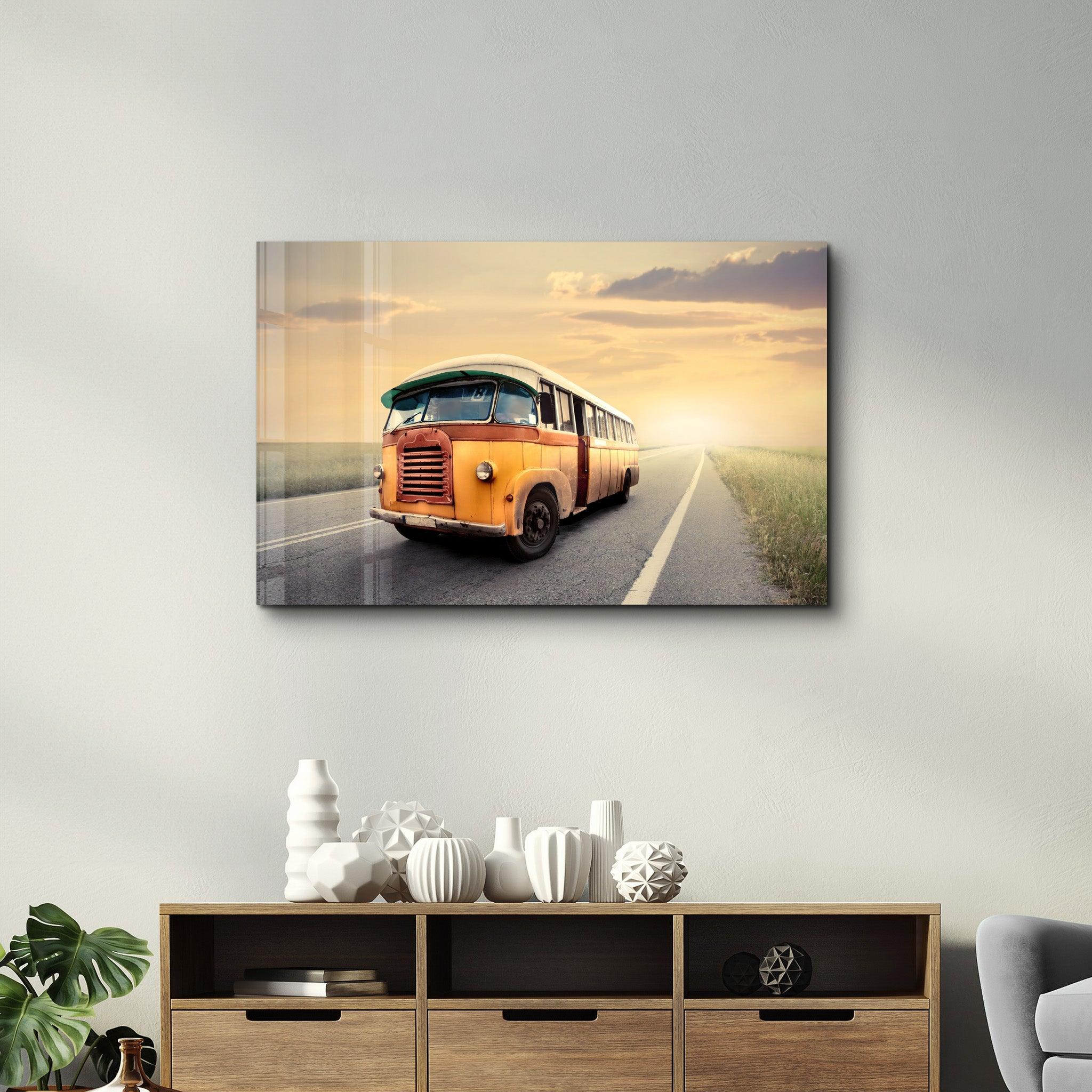 The Vintage Bus With Sunset | Glass Wall Art - Artdesigna