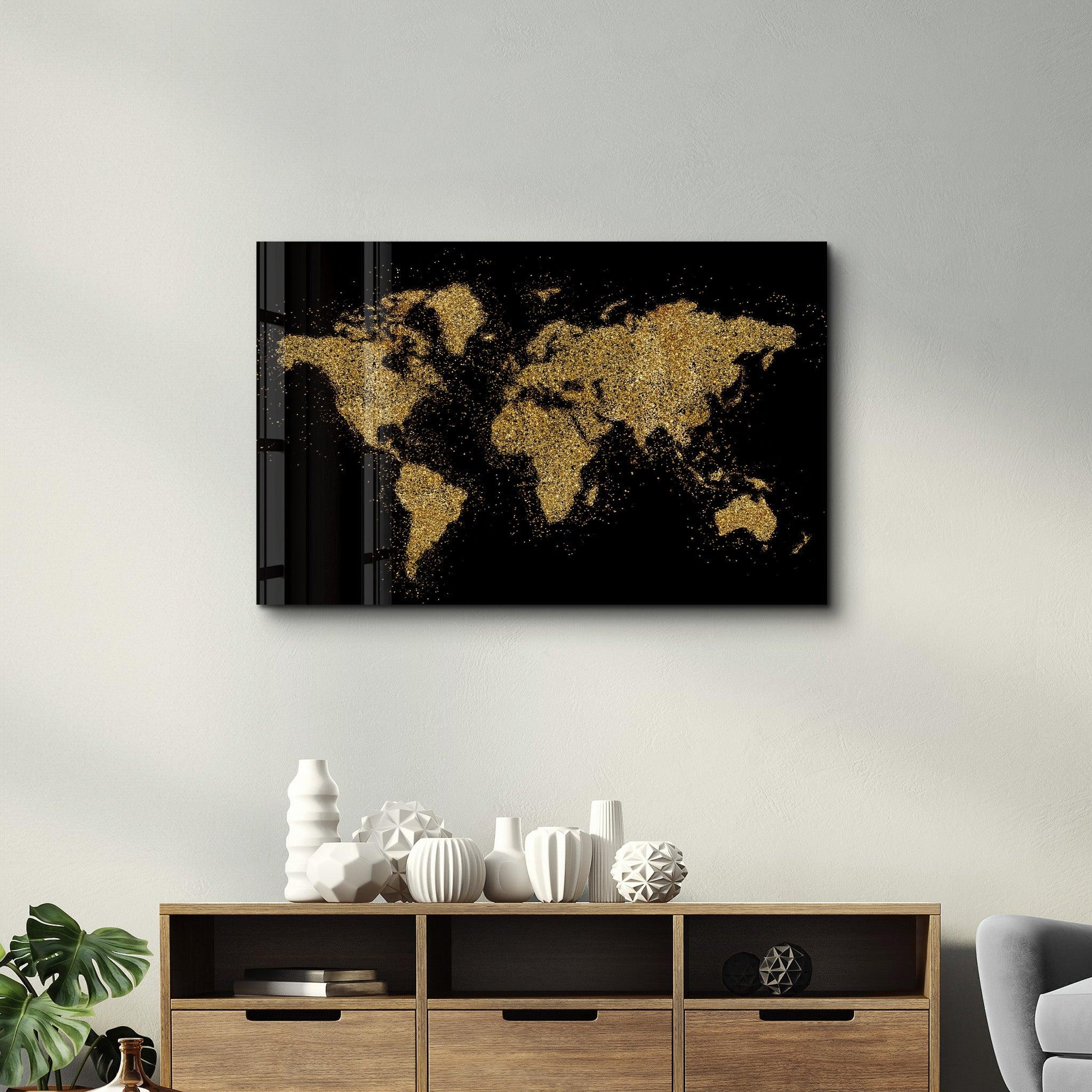 World Map In Golden | Glass Wall Art - Artdesigna