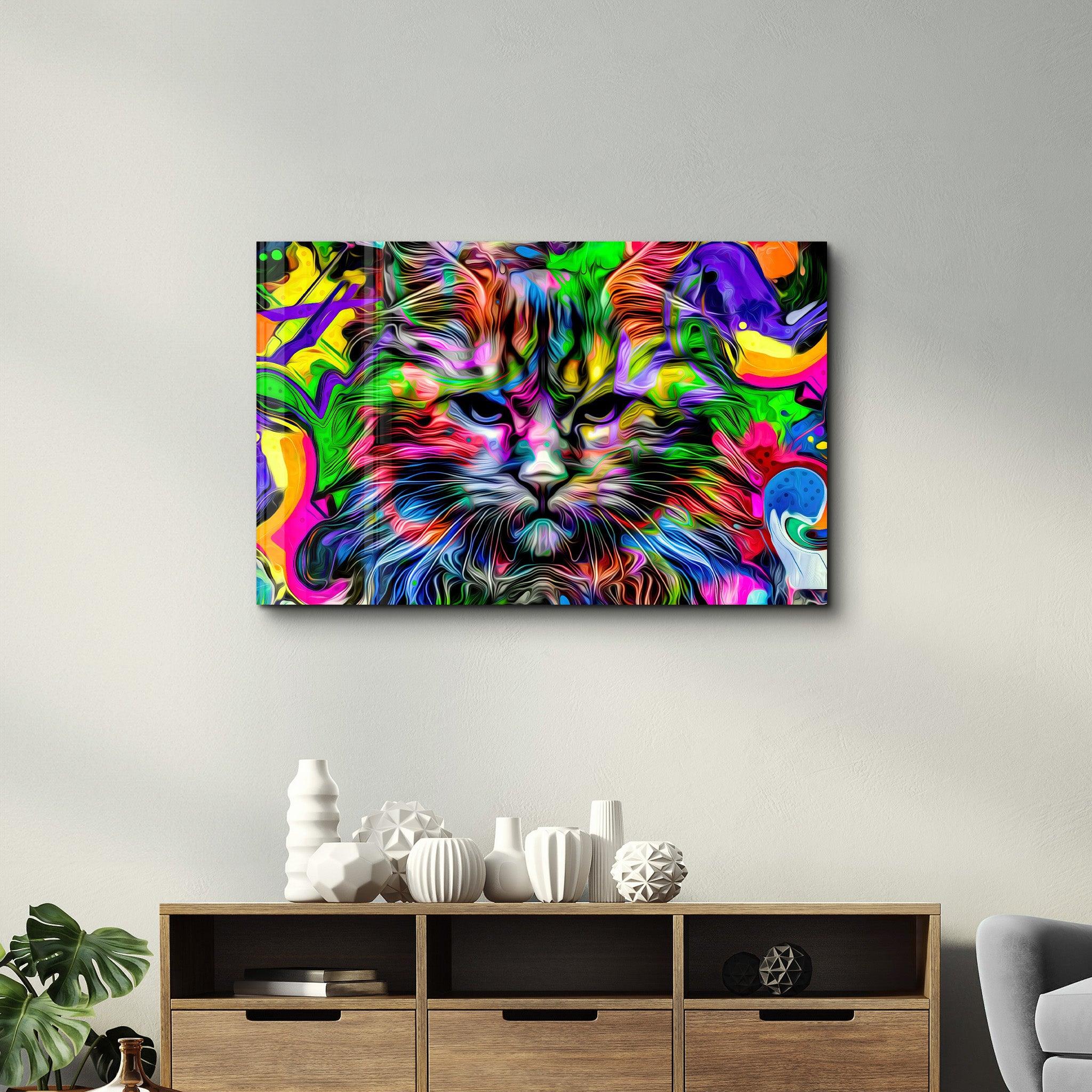 Colorful Cat | Glass Wall Art - Artdesigna