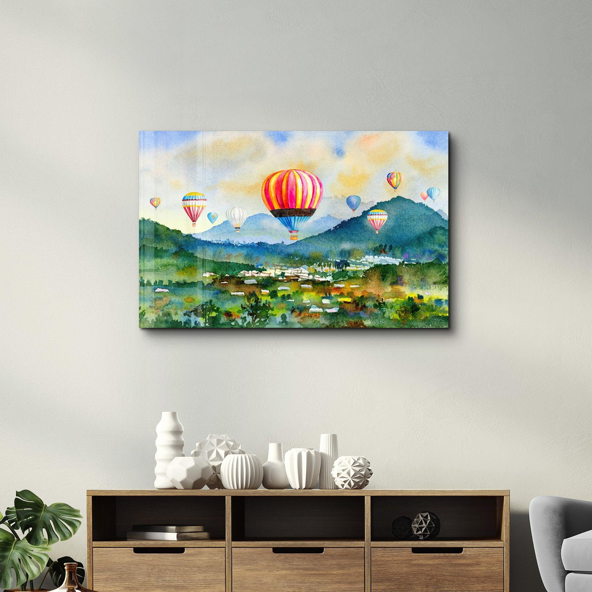 The Village Of Hot Air Balloon | Glass Wall Art - Artdesigna