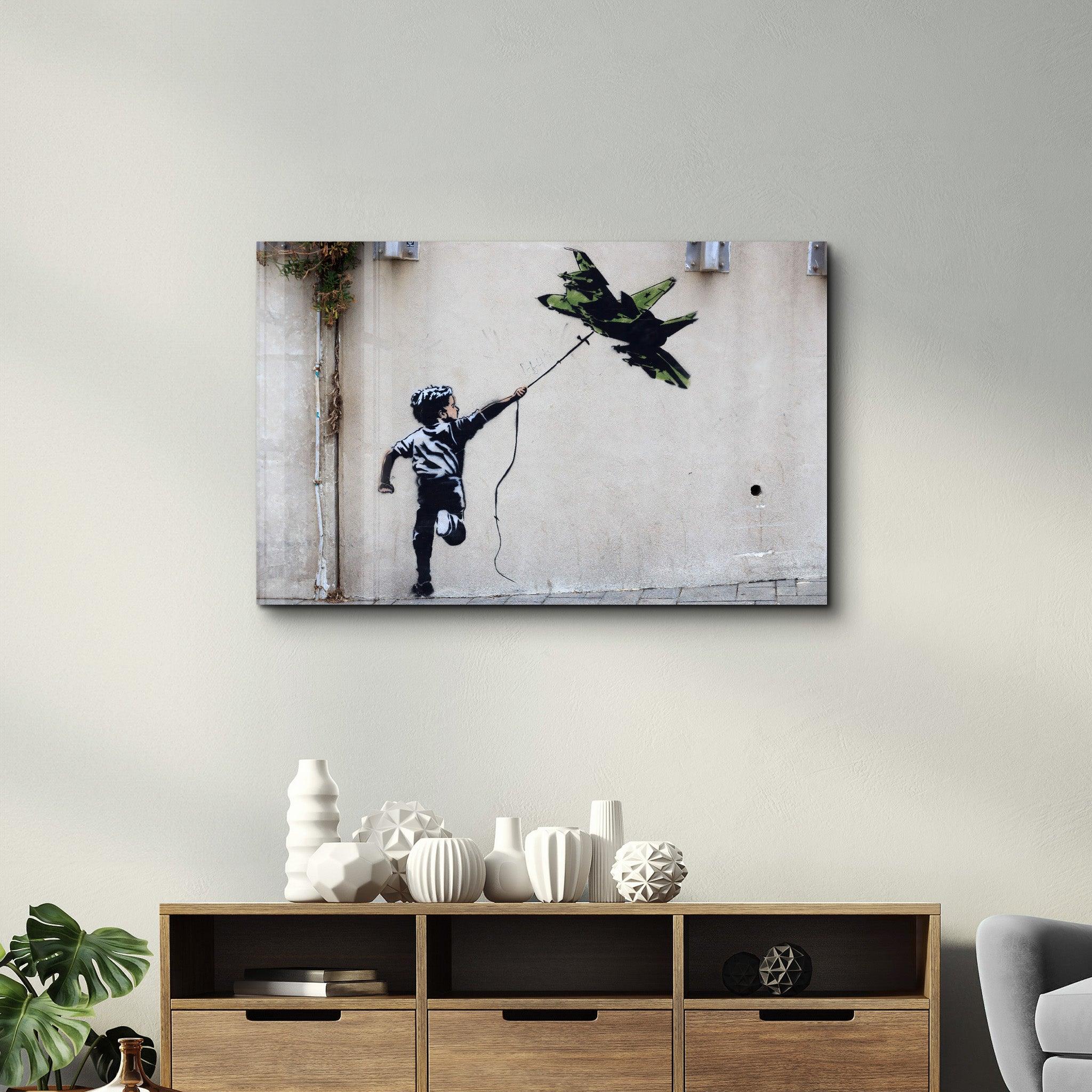 Banksy - fighter jet kite | Glass Wall Art - Artdesigna