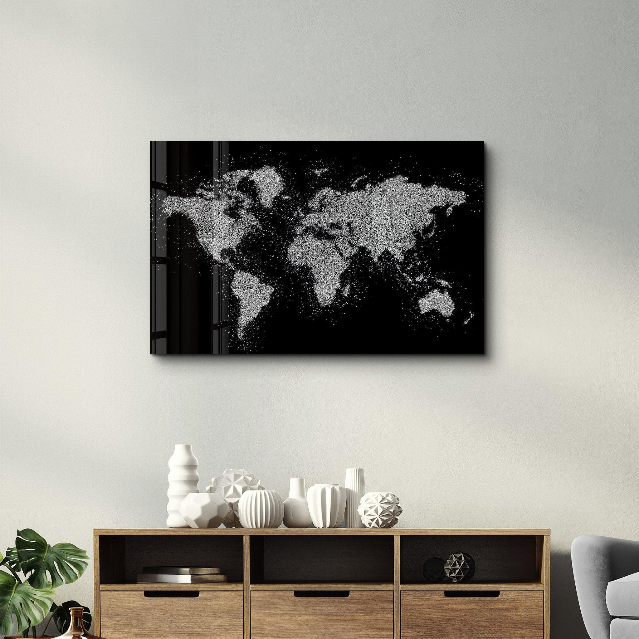 World Map In Silver | Glass Wall Art - Artdesigna