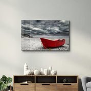 Red Sailing Boat | Glass Wall Art - Artdesigna