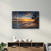 Golden Horizon: Tranquil Shores | Glass Wall Art - Artdesigna