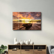 Fishing Boat at Sunset | Glass Wall Art - Artdesigna