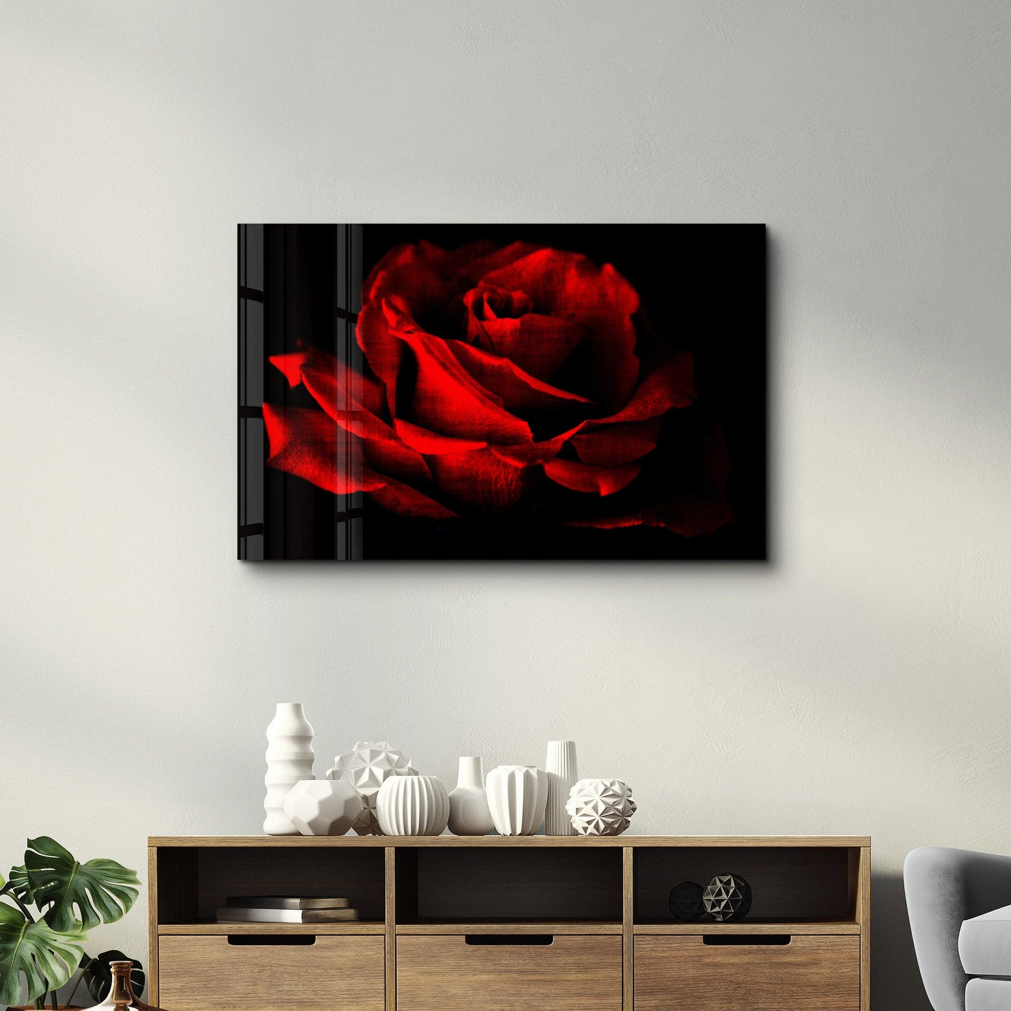 Red Rose Vintage | Glass Wall Art - Artdesigna