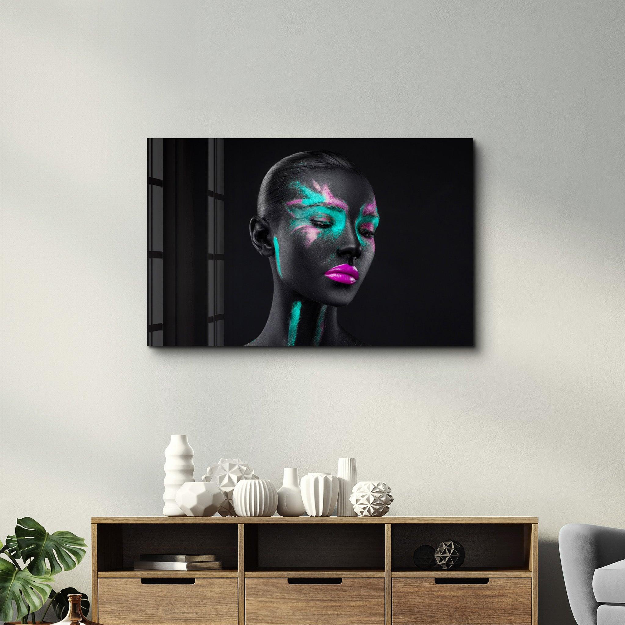 Neon Glow: The Silent Muse | Glass Wall Art - Artdesigna