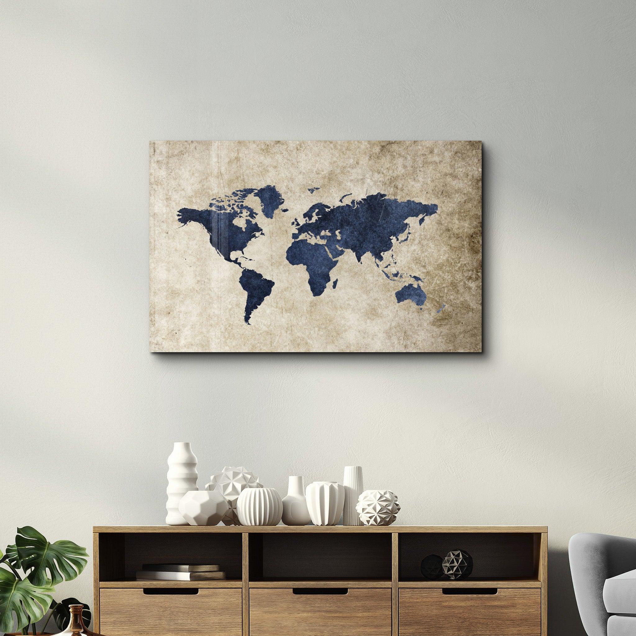 Retro World Map Blue | Glass Wall Art - Artdesigna