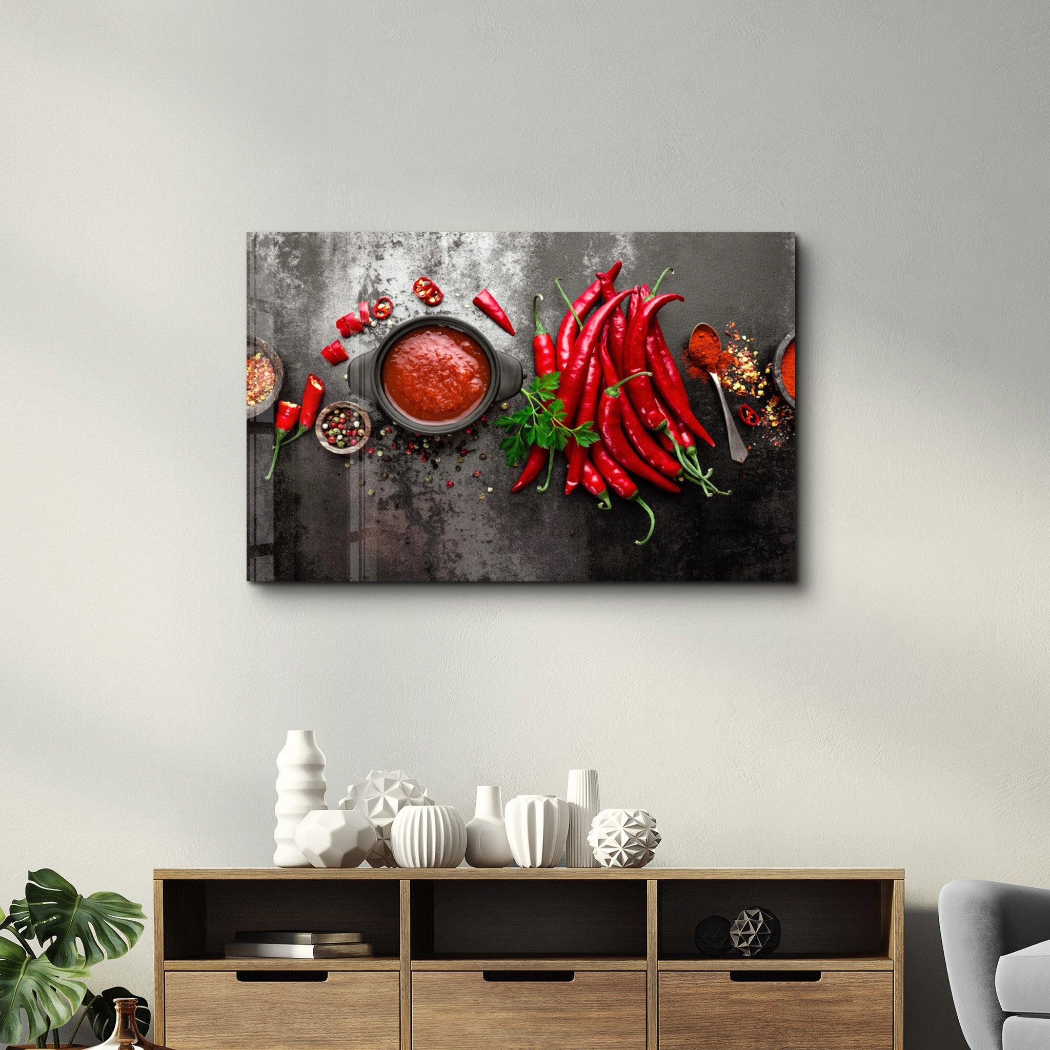 Red Peppers and Sauce | Glass Wall Art - Artdesigna