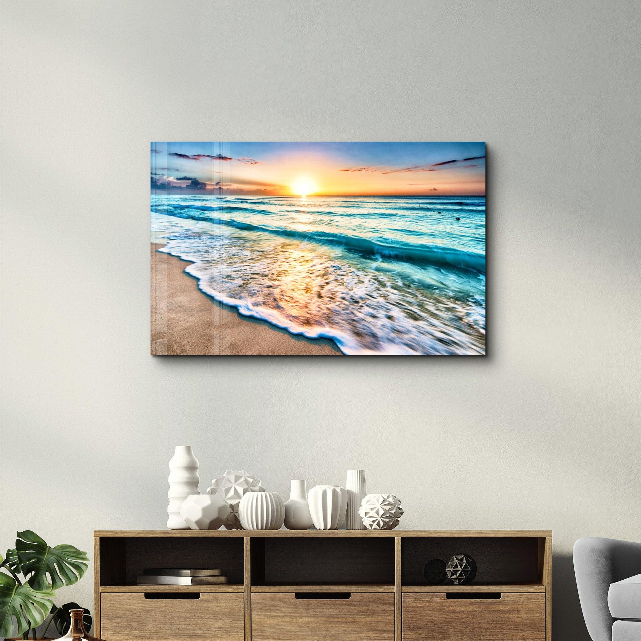 Ocean and Sunset | Glass Wall Art - Artdesigna