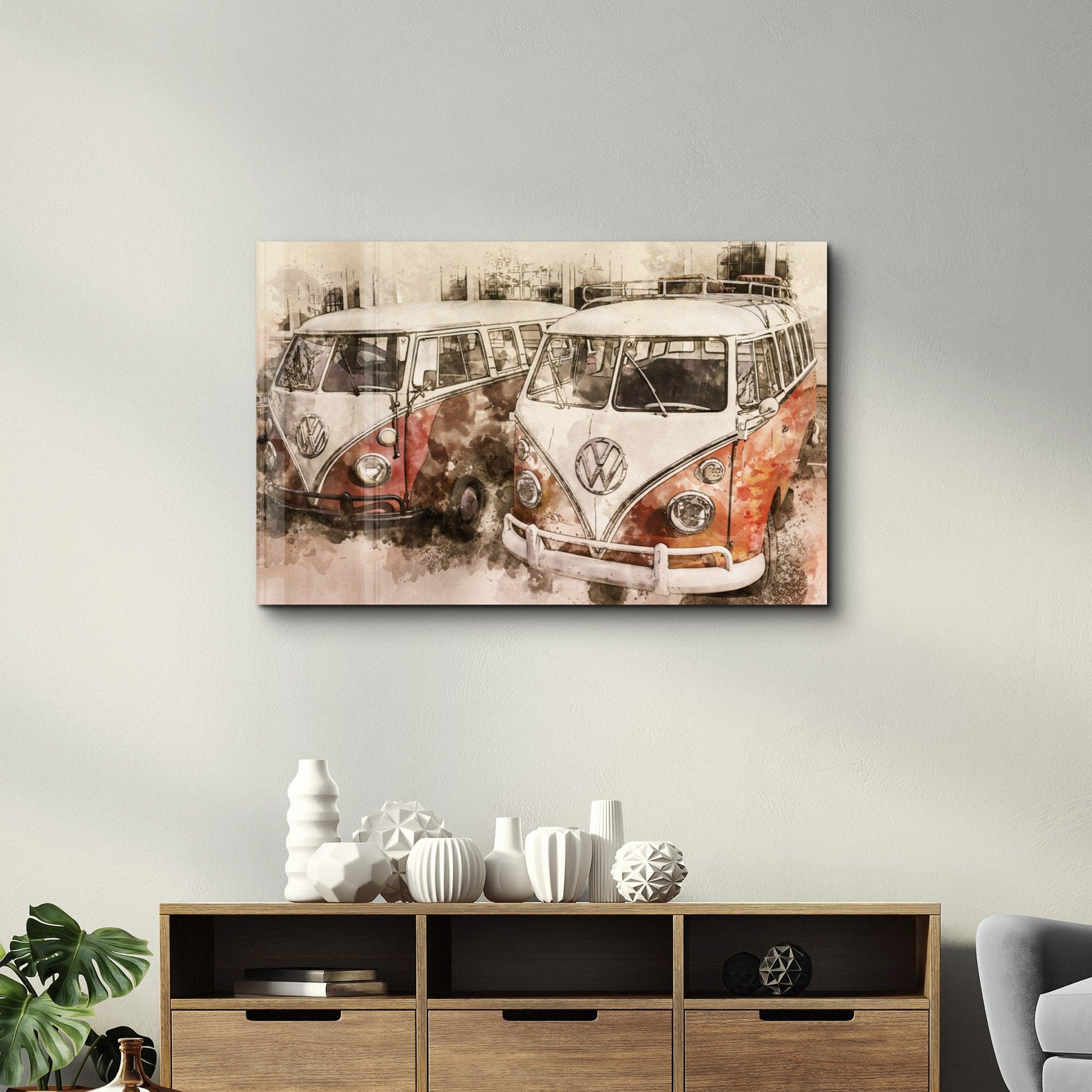 The Classic Red Minibus | Glass Wall Art - Artdesigna