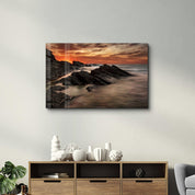 Sharp Rocks and Sunset | Glass Wall Art - Artdesigna