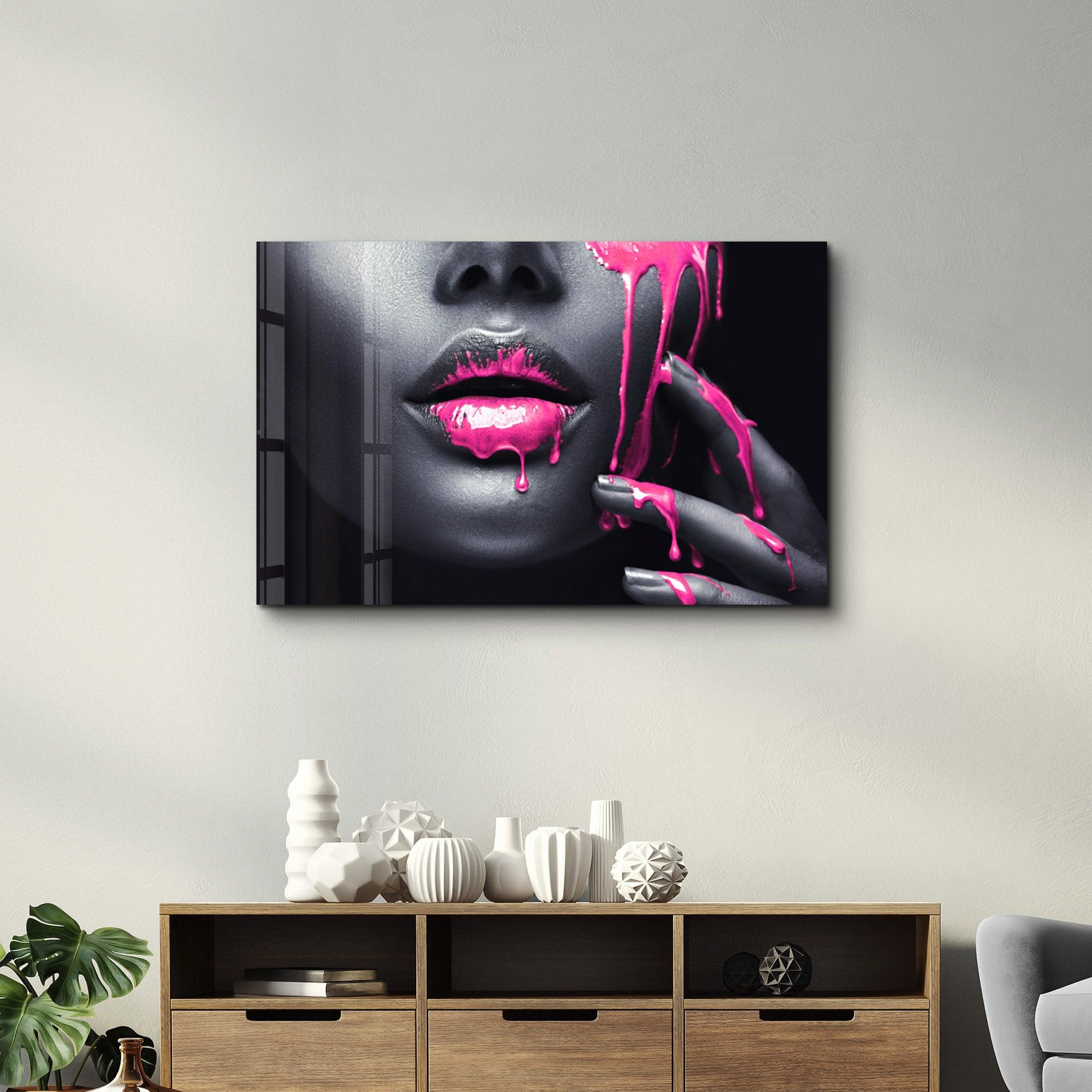 Pink Lips V2 | Glass Wall Art - Artdesigna