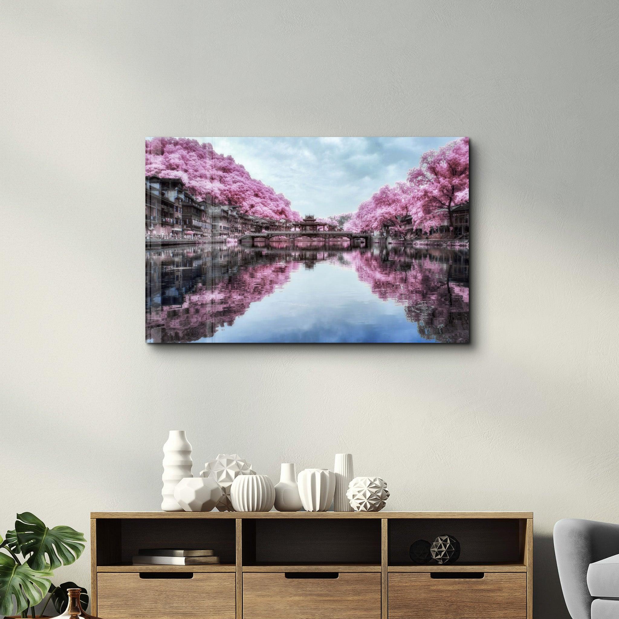 Pink Trees Reflection | Glass Wall Art - Artdesigna