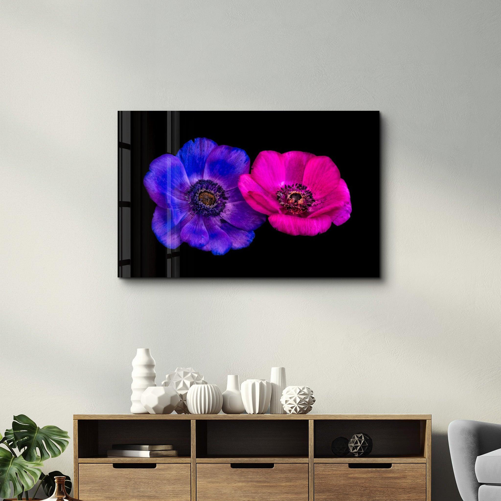 Blue and Pink Flowers | Glass Wall Art - Artdesigna