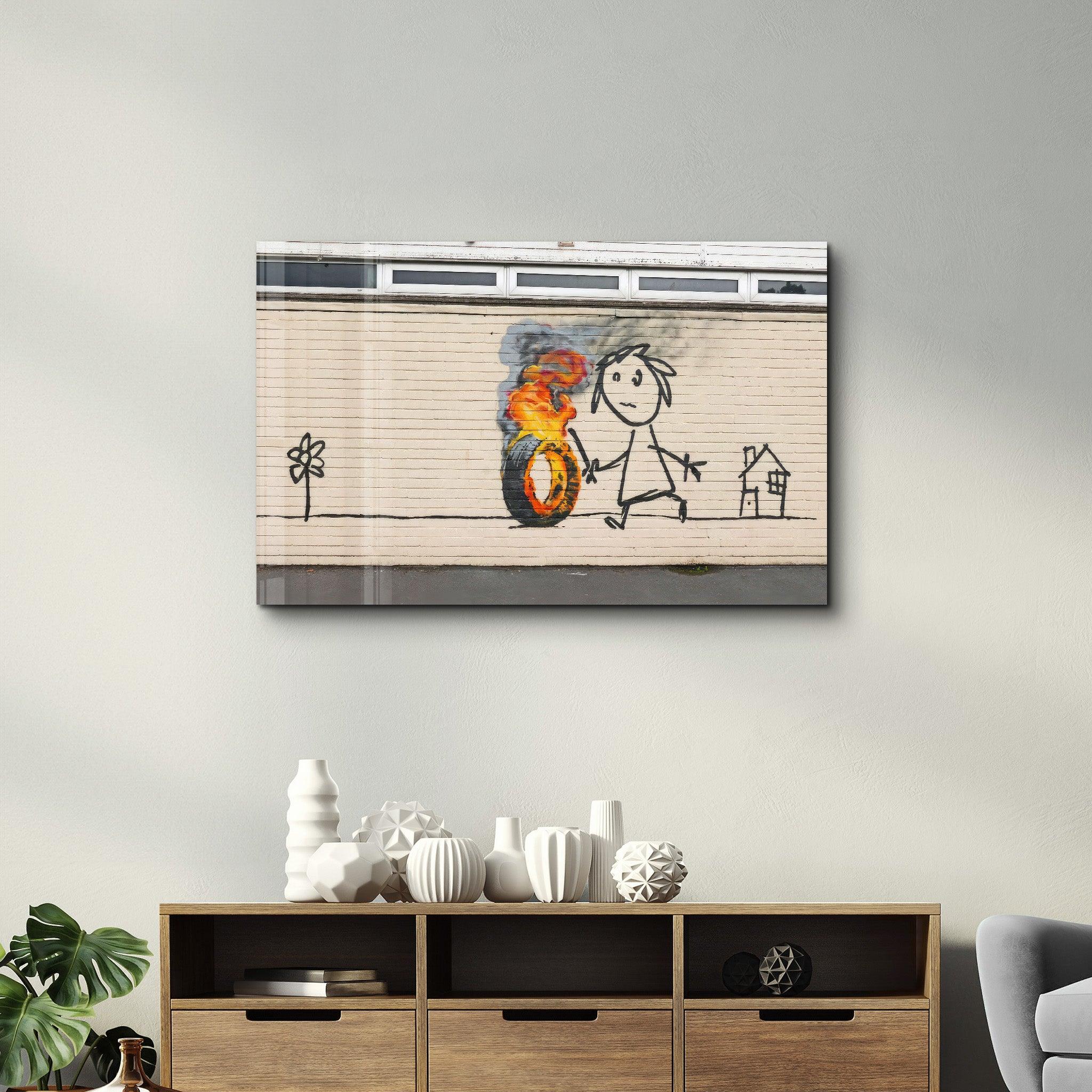 Banksy - Burning Toy | Designer's Collection Glass Wall Art - Artdesigna