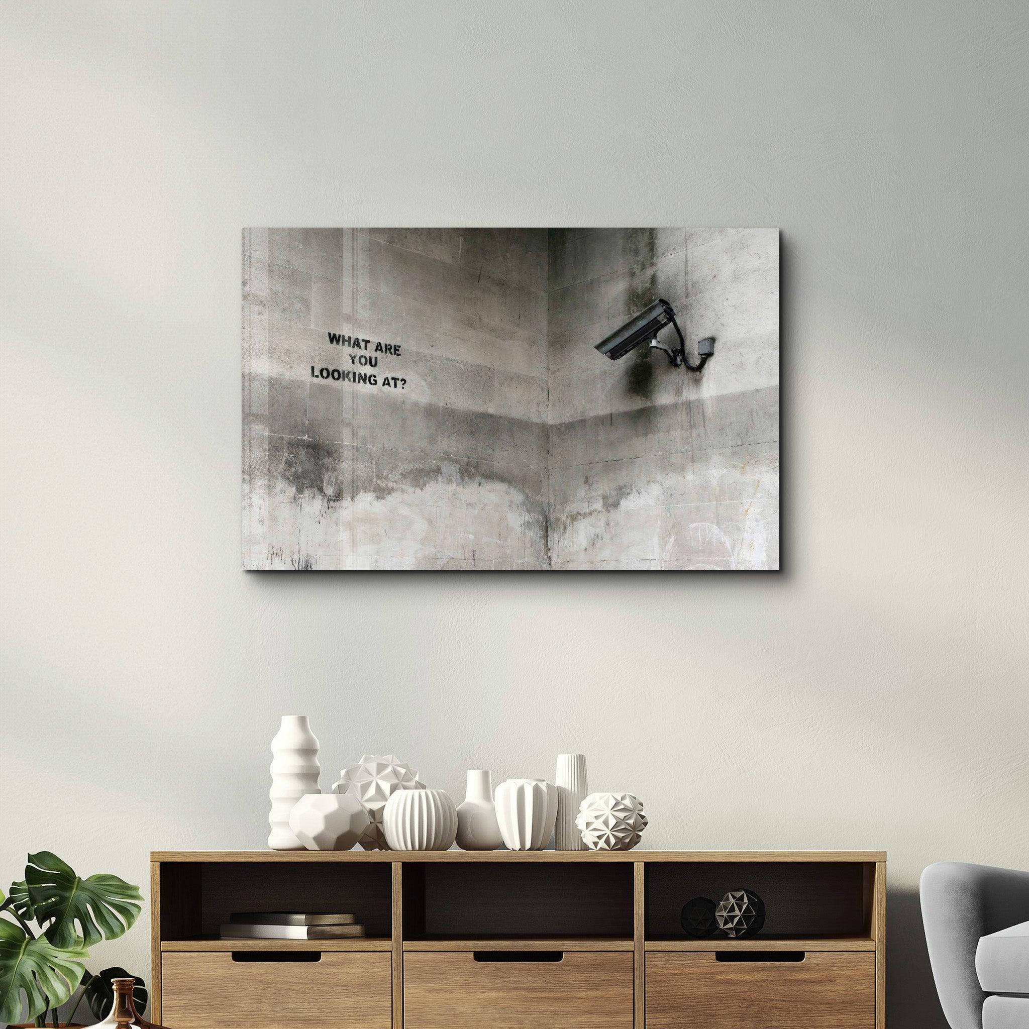 Banksy - What Are You Looking At? | Designer's Collection Glass Wall Art - Artdesigna