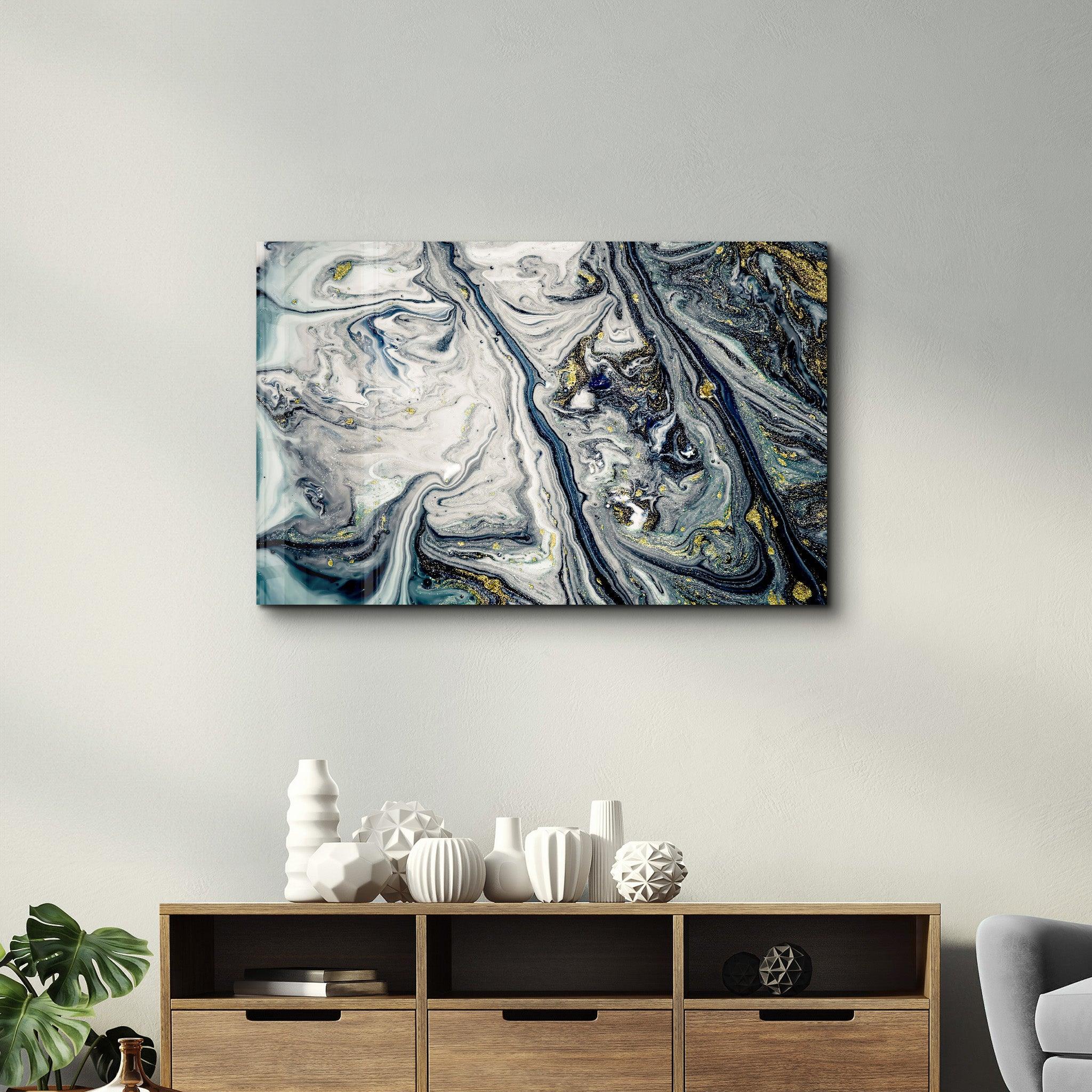 Gray Blue Marble with Golden Dust | Glass Wall Art - Artdesigna