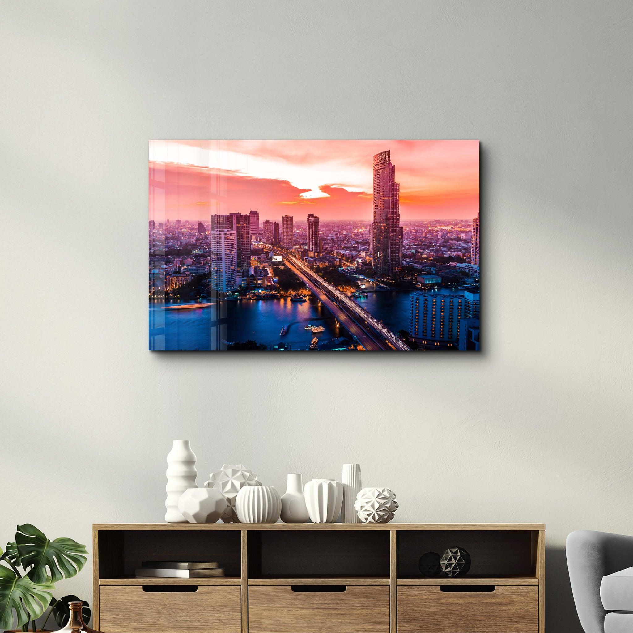 Beautiful cityscape Bangkok business district and residential. In the twilight, Thailand | Glass Wall Art - Artdesigna