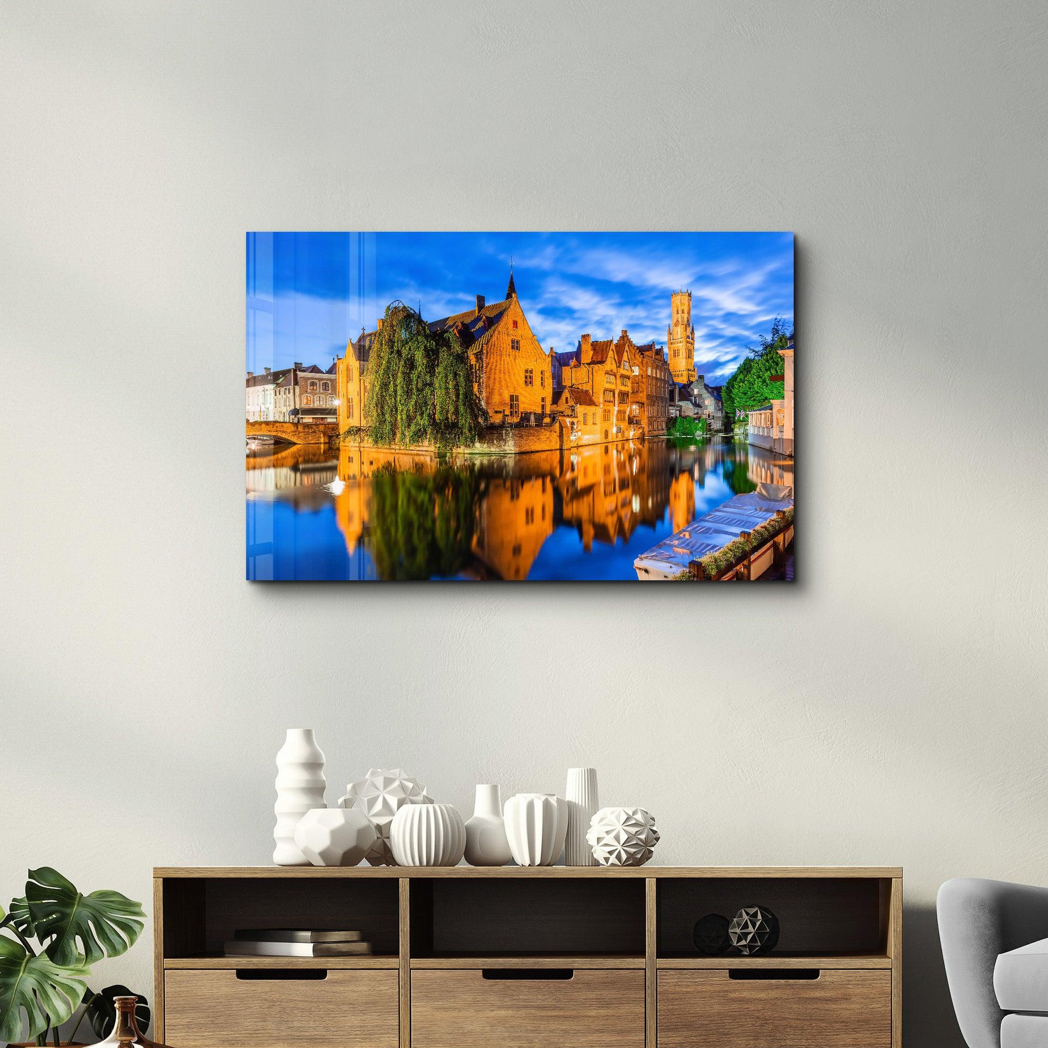 Bruges, Belgium. The Rozenhoedkaai canal in Bruges with the Belfry | Glass Wall Art - Artdesigna