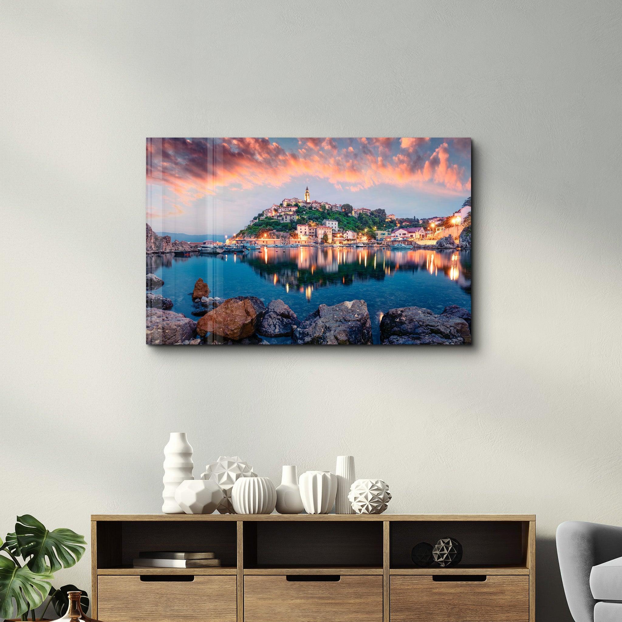 Breathtaking evening cityscape of Vrbnik town | Glass Wall Art - Artdesigna