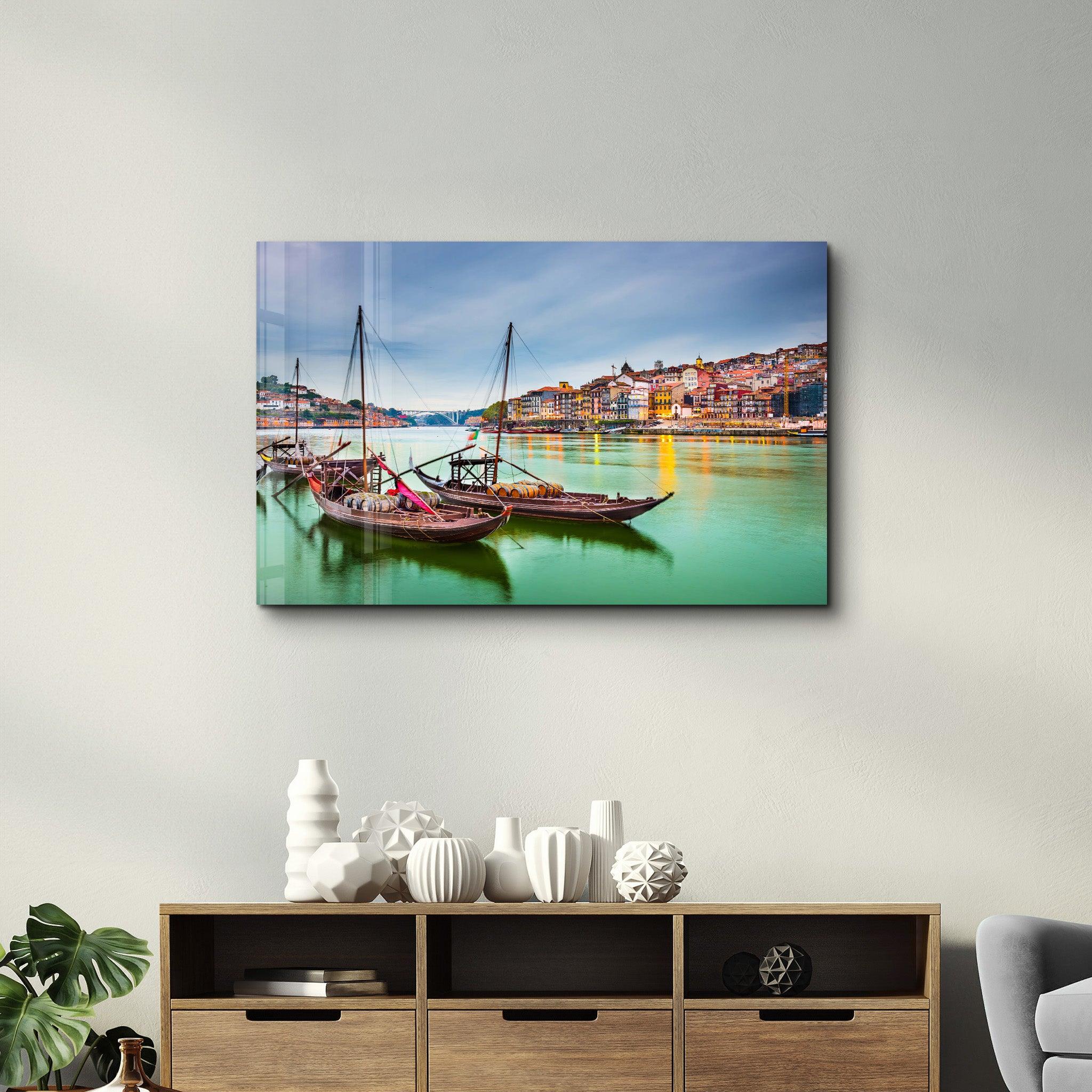 Porto, Portugal old town cityscape on the Douro River with traditional Rabelo boats. | Glass Wall Art - Artdesigna