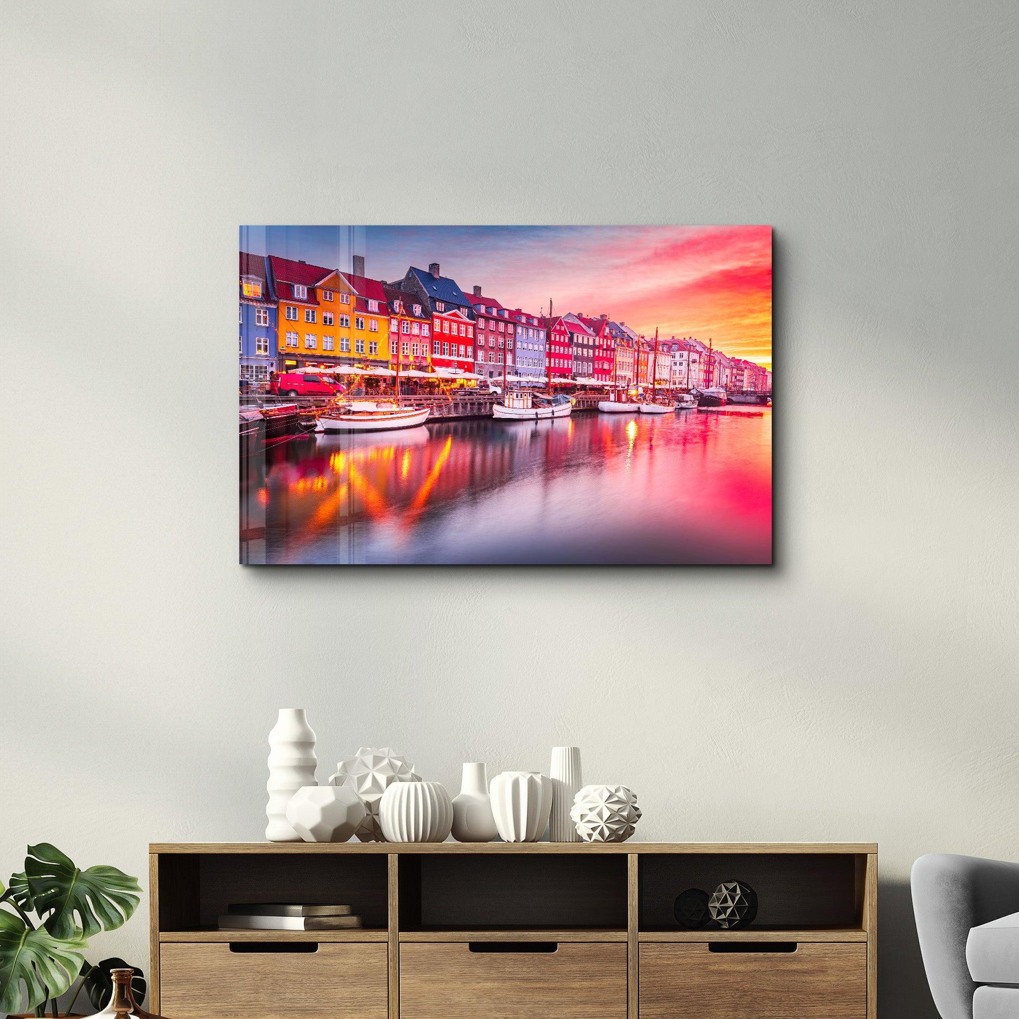 Copenhagen, Denmark. Experience the breathtaking beauty of Nyhavn canal at sunrise | Glass Wall Art - Artdesigna