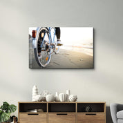 Riding A Bike On The Calm Beach | Glass Wall Art - Artdesigna