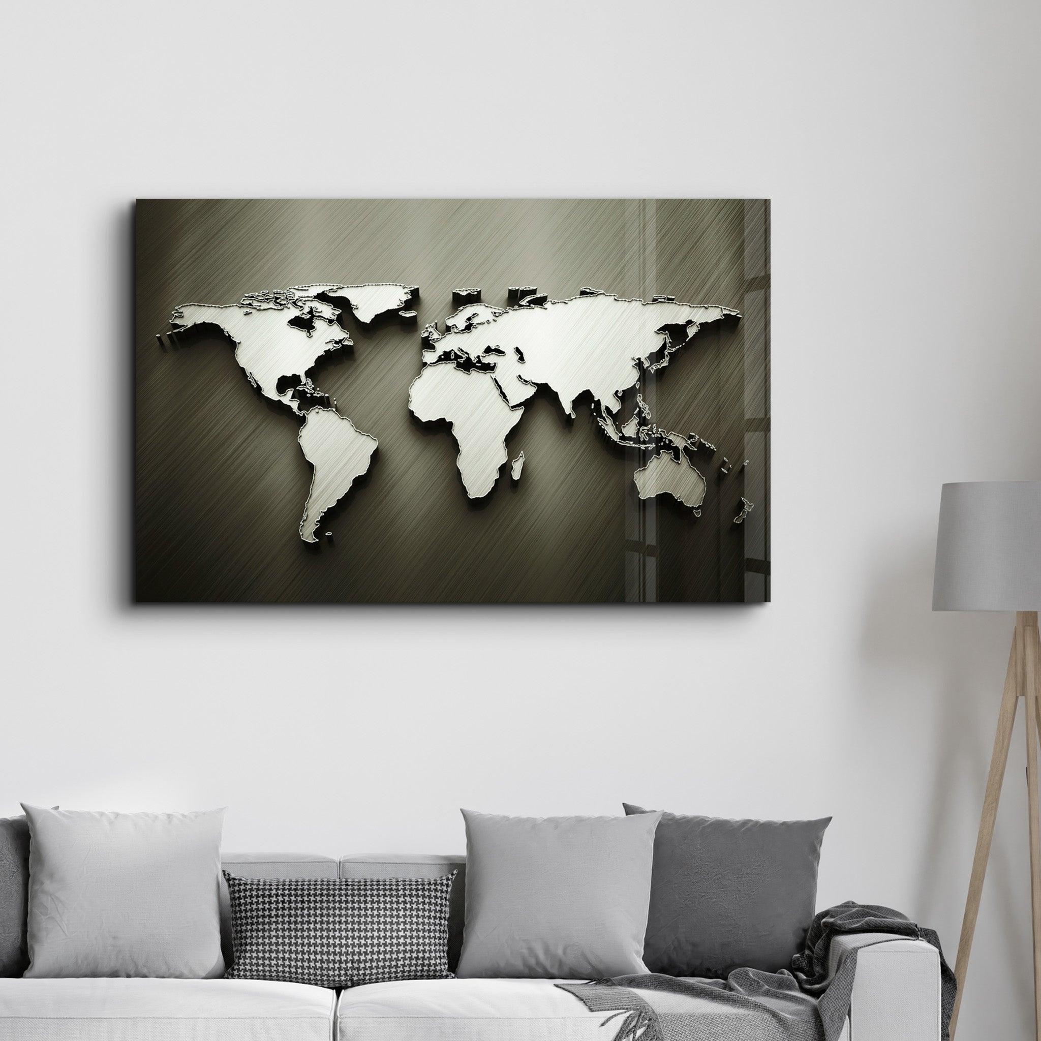 Metallic World Map | Glass Wall Art - Artdesigna