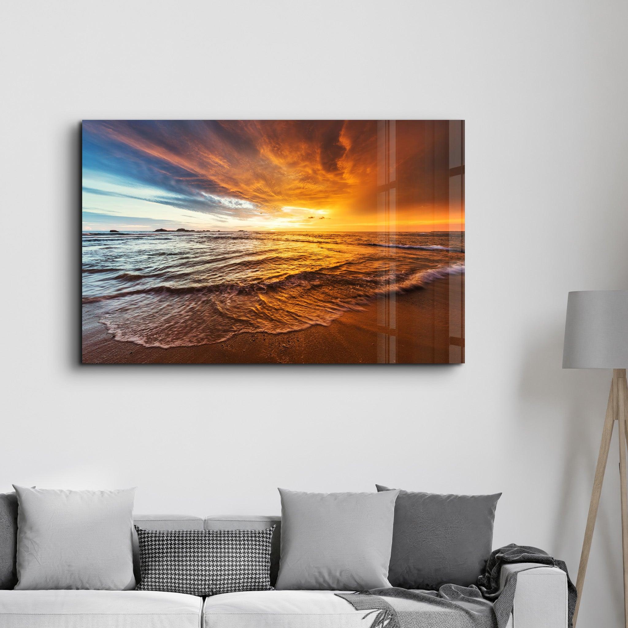 Endless Ocean Wtih Sunset | Glass Wall Art - Artdesigna