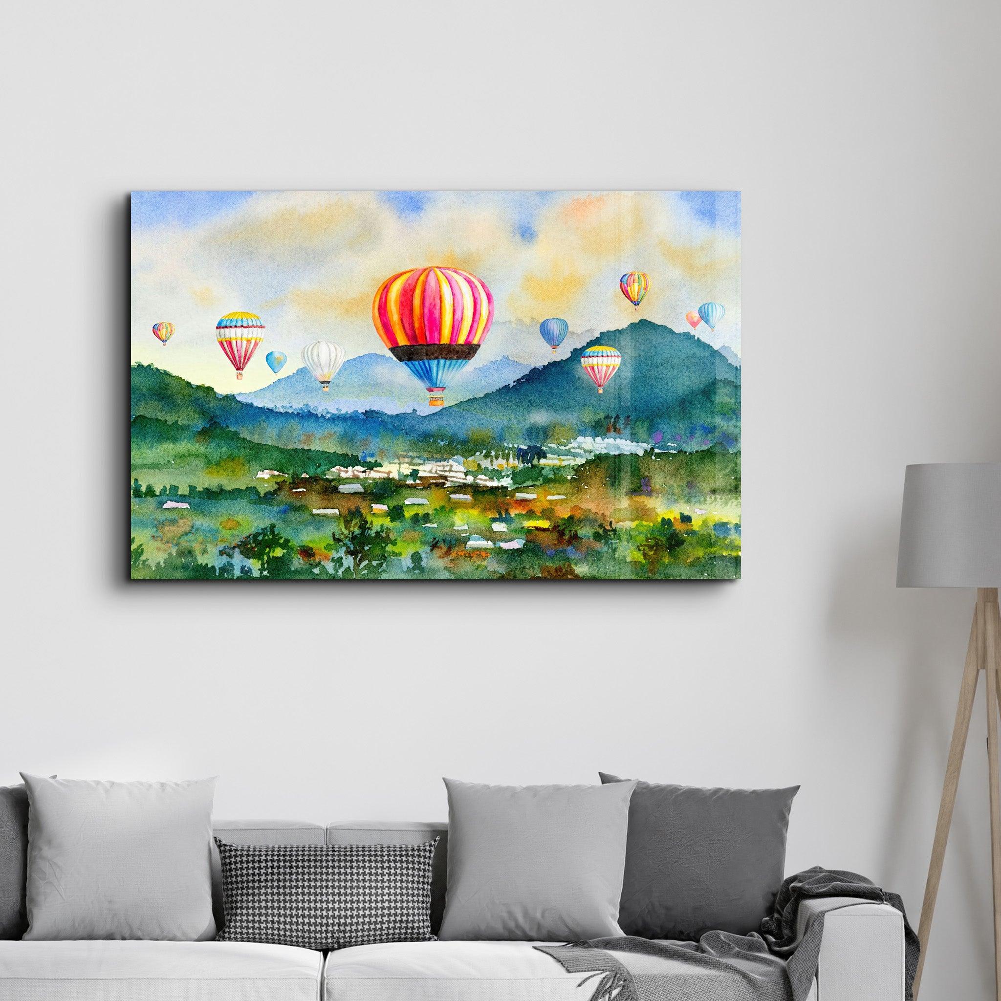 The Village Of Hot Air Balloon | Glass Wall Art - Artdesigna