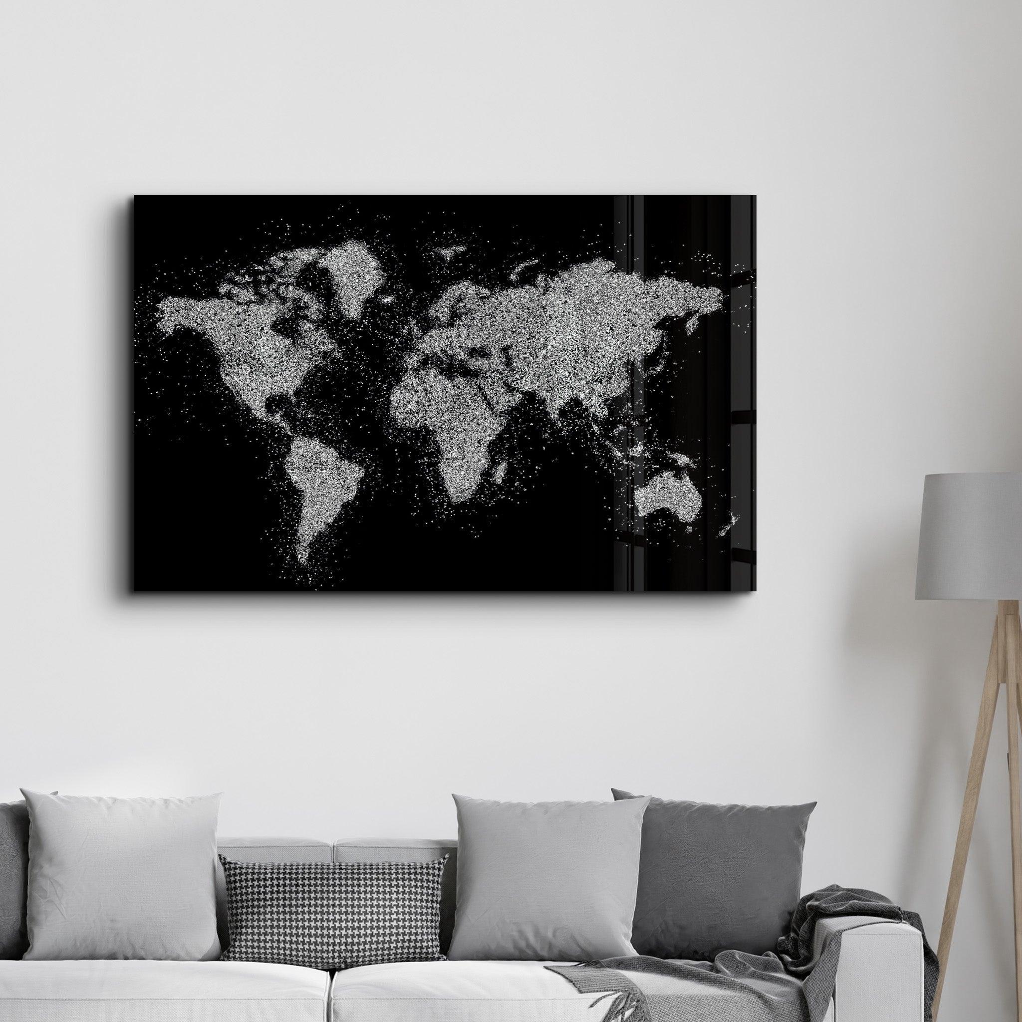 World Map In Silver | Glass Wall Art - Artdesigna