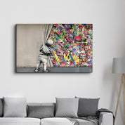 BANKSY - Pull Back the Curtain | GLASS WALL ART - Artdesigna