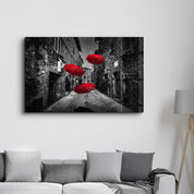 Red Umbrellas | Glass Wall Art - Artdesigna