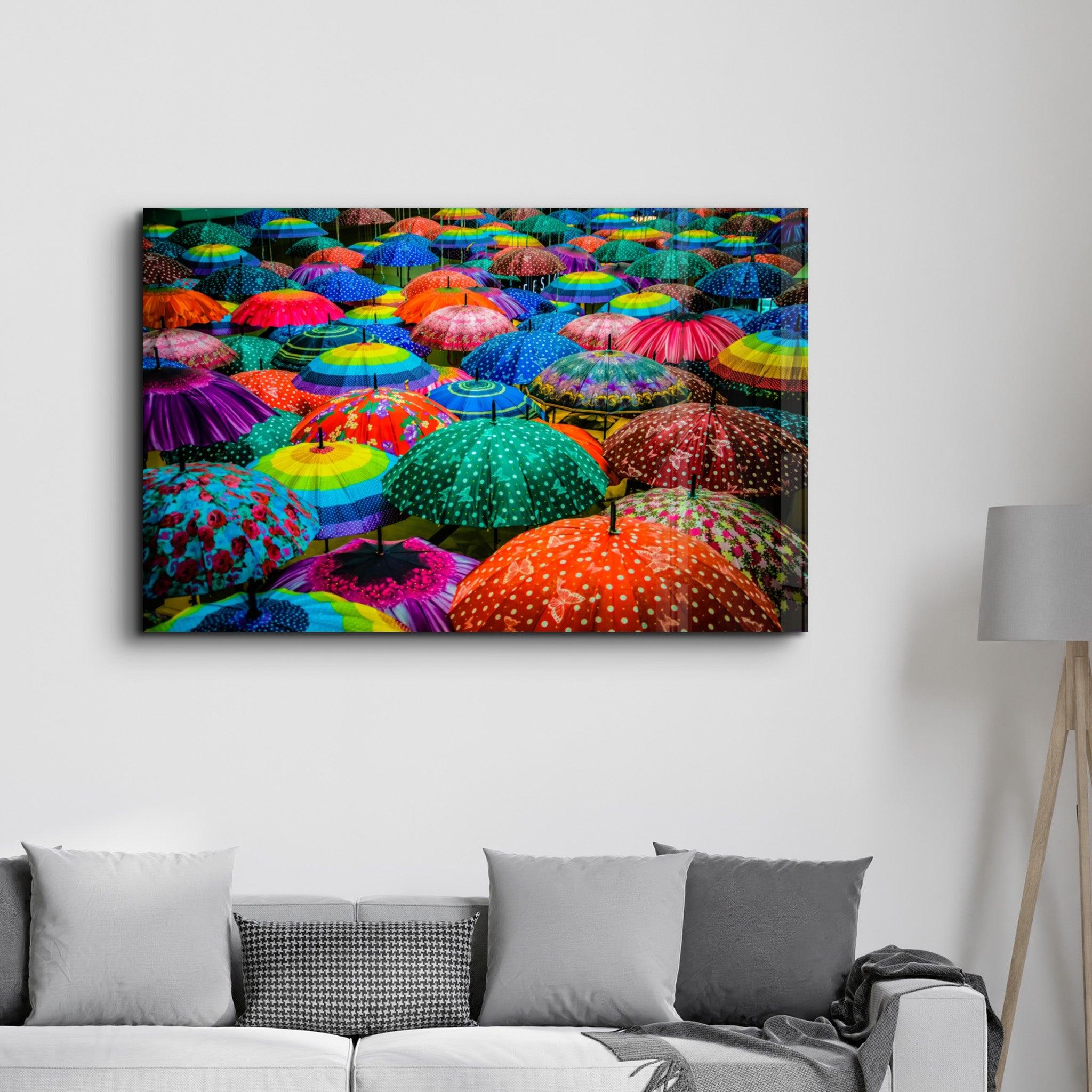 Colorful Umbrellas | Glass Wall Art - Artdesigna