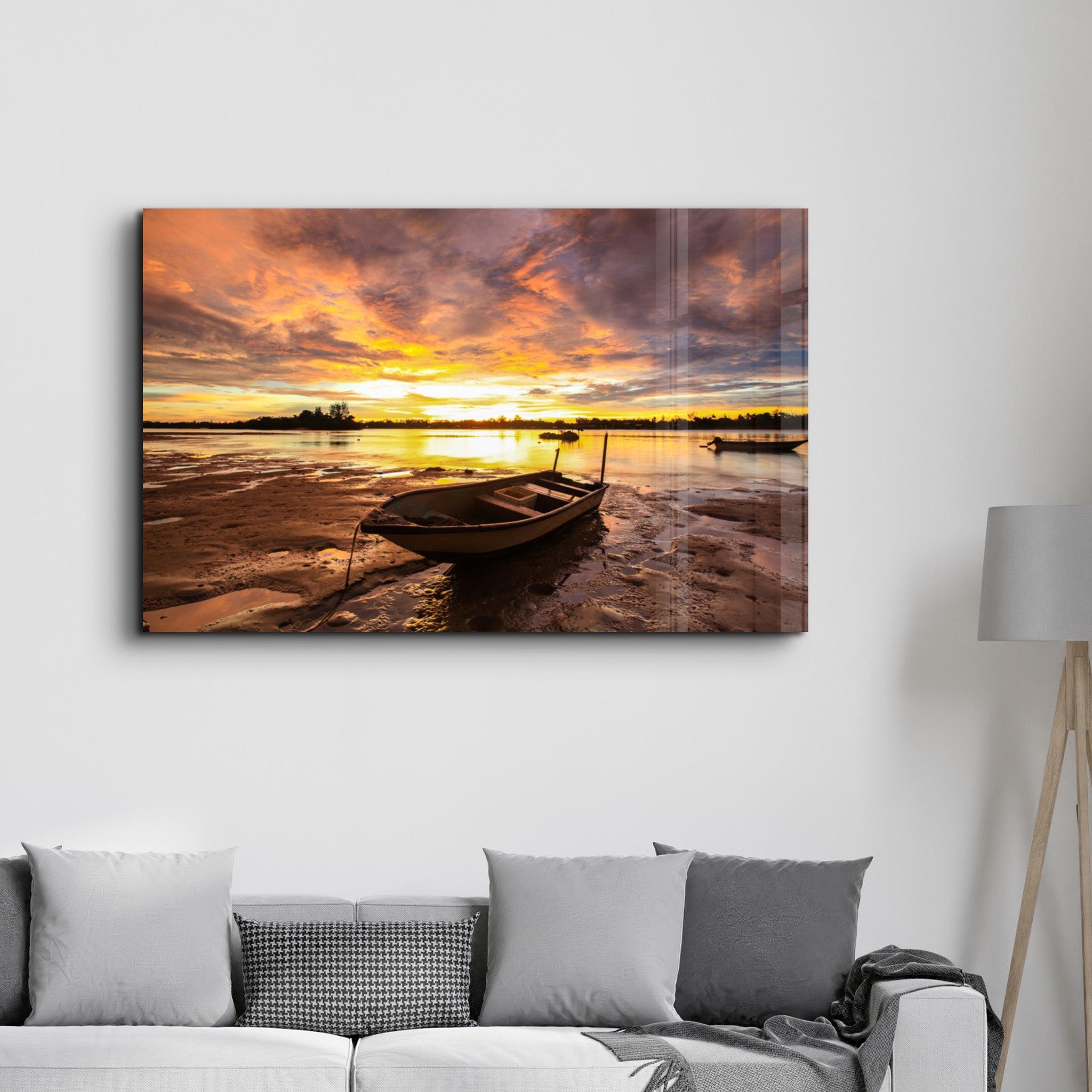 Fishing Boat at Sunset | Glass Wall Art - Artdesigna