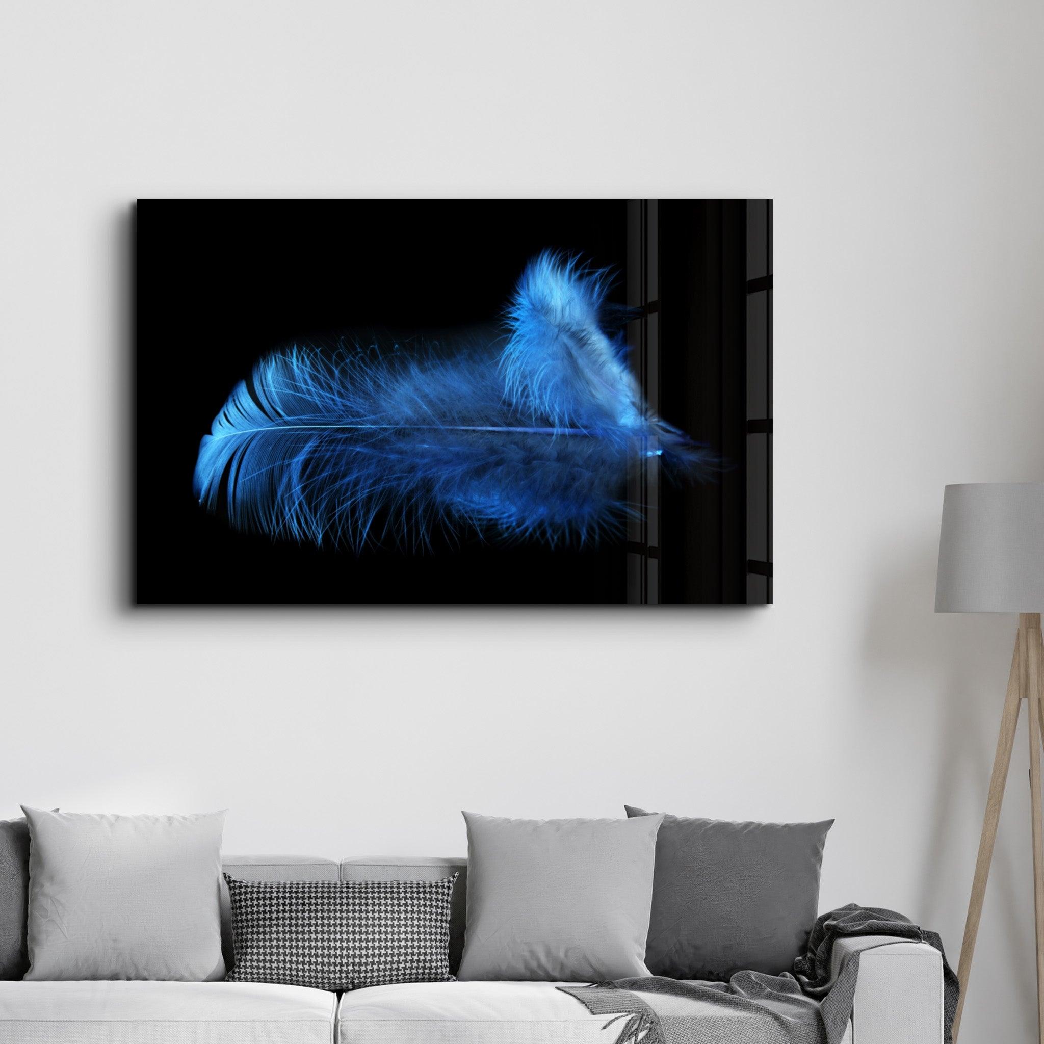 Blue Feather | Glass Wall Art - Artdesigna