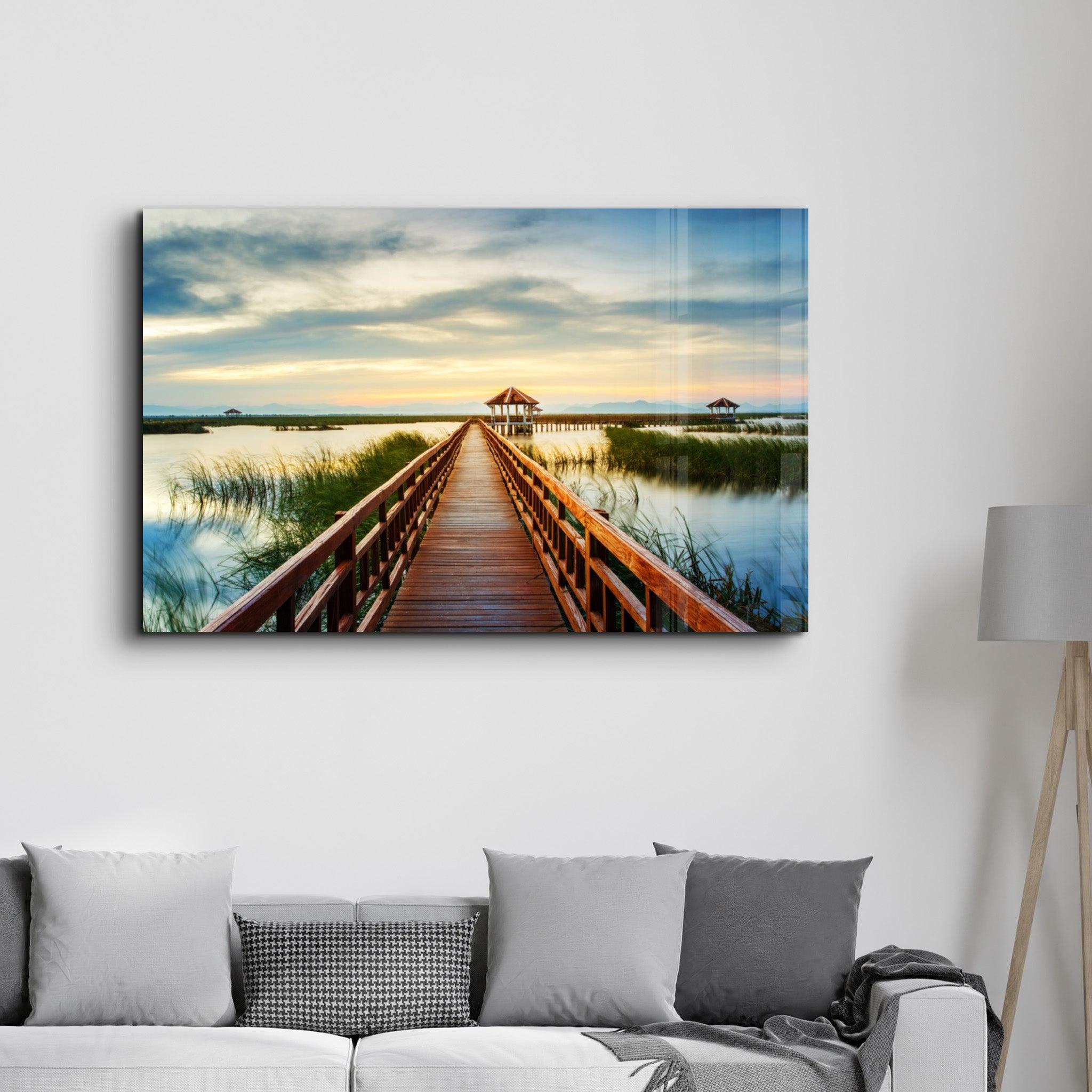 Long Pier on the Lake | Glass Wall Art - Artdesigna