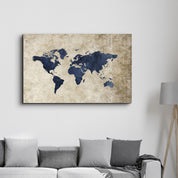 Retro World Map Blue | Glass Wall Art - Artdesigna