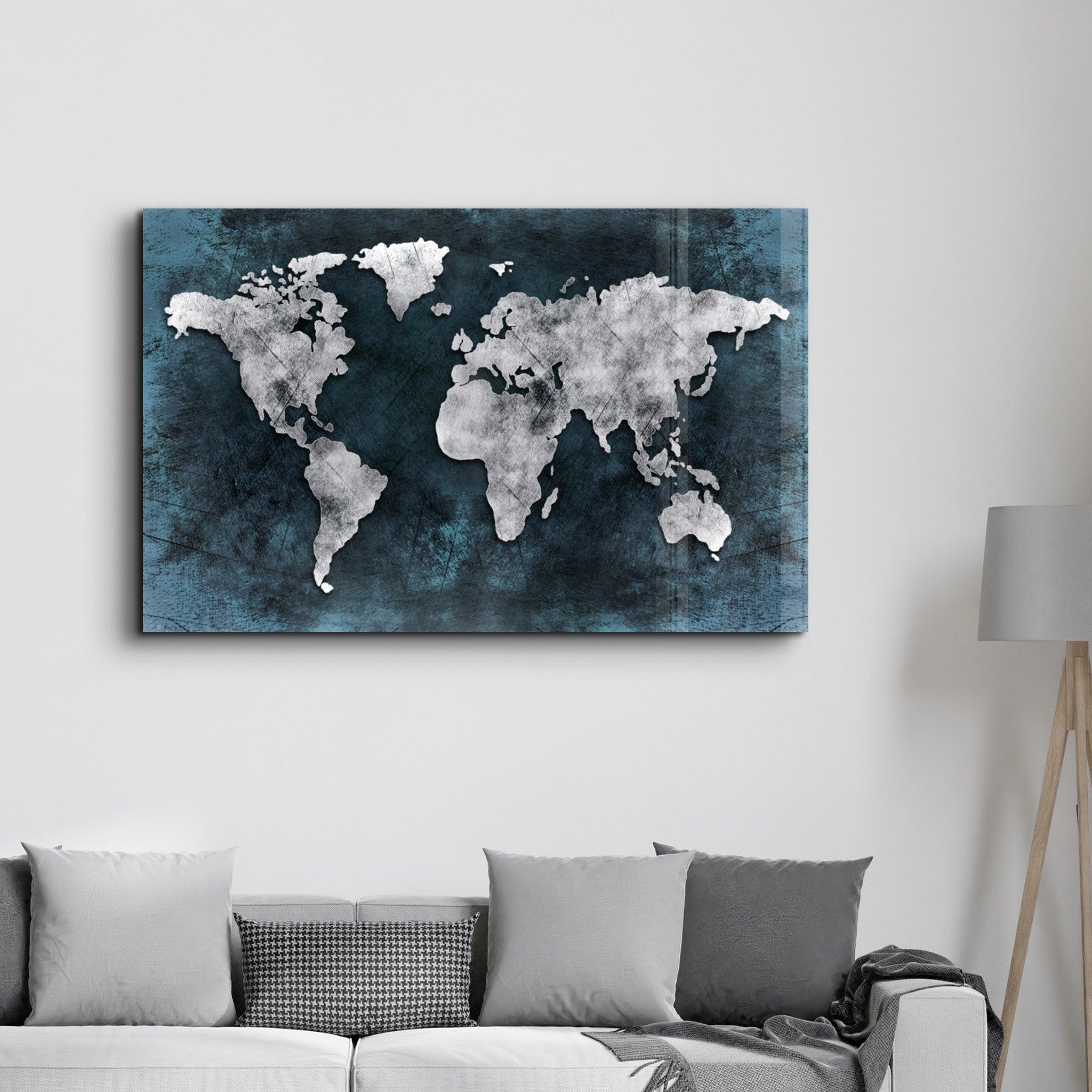 World Map Blue-Silver | Glass Wall Art - Artdesigna