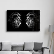 Lions Confrontation BW | Glass Wall Art - Artdesigna