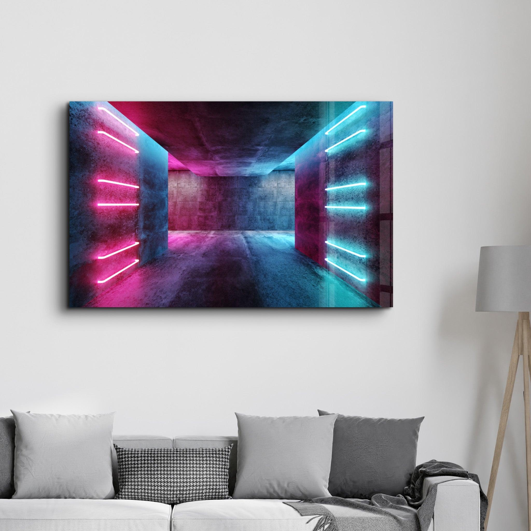 Neon Corridor | Glass Wall Art - Artdesigna