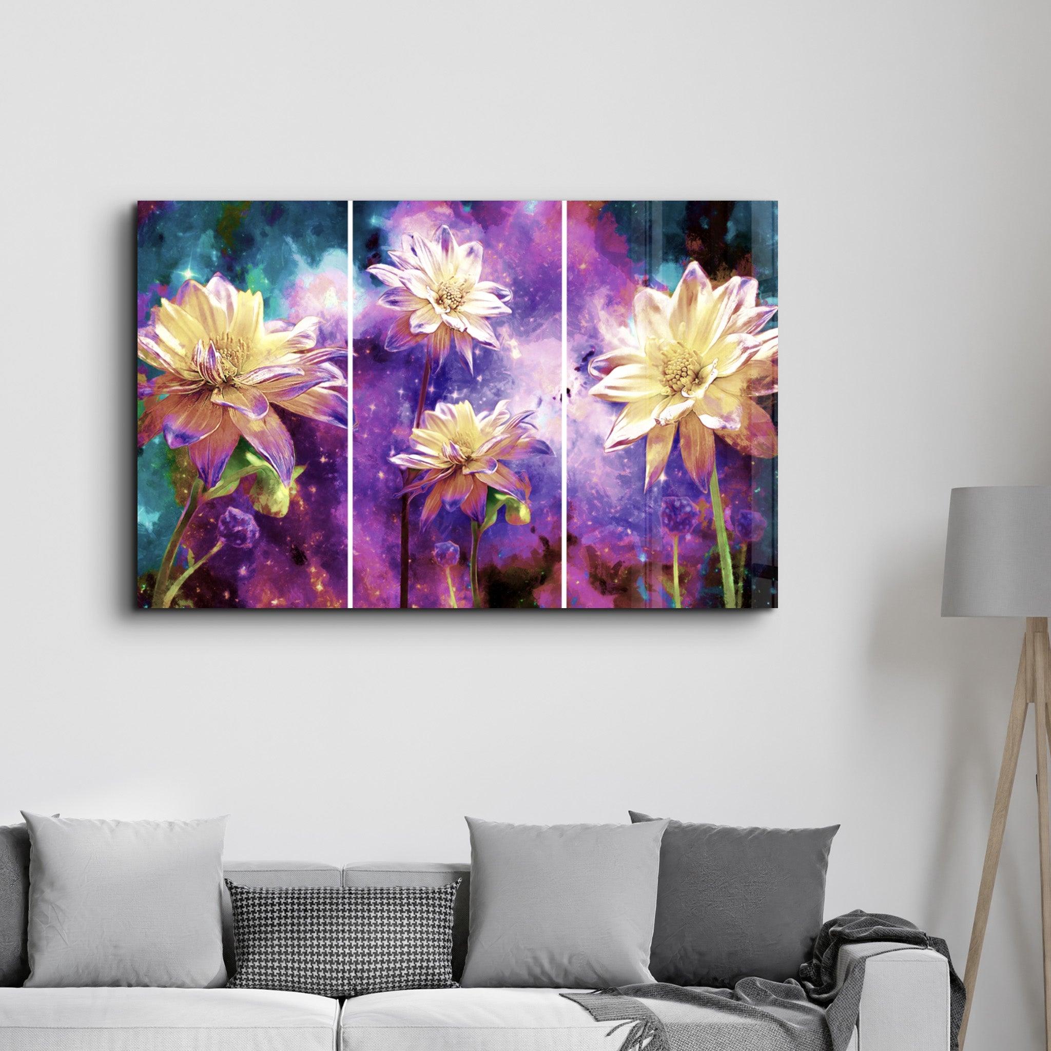 Divided Flowers Purple | Glass Wall Art - Artdesigna