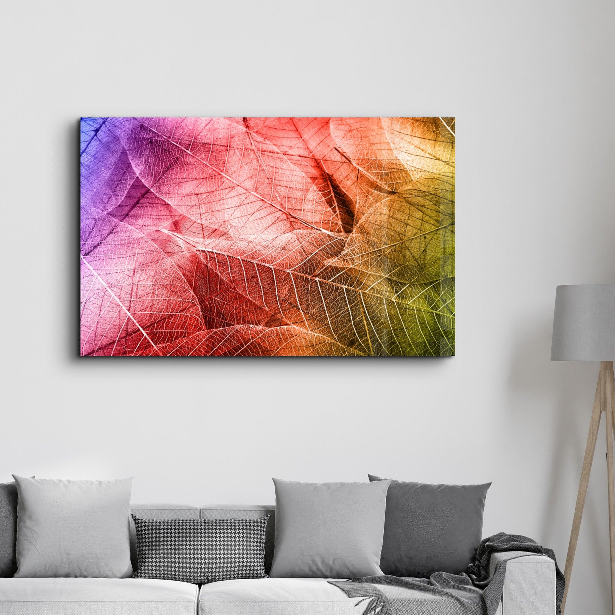 Rainbow Leaves | Glass Wall Art - Artdesigna