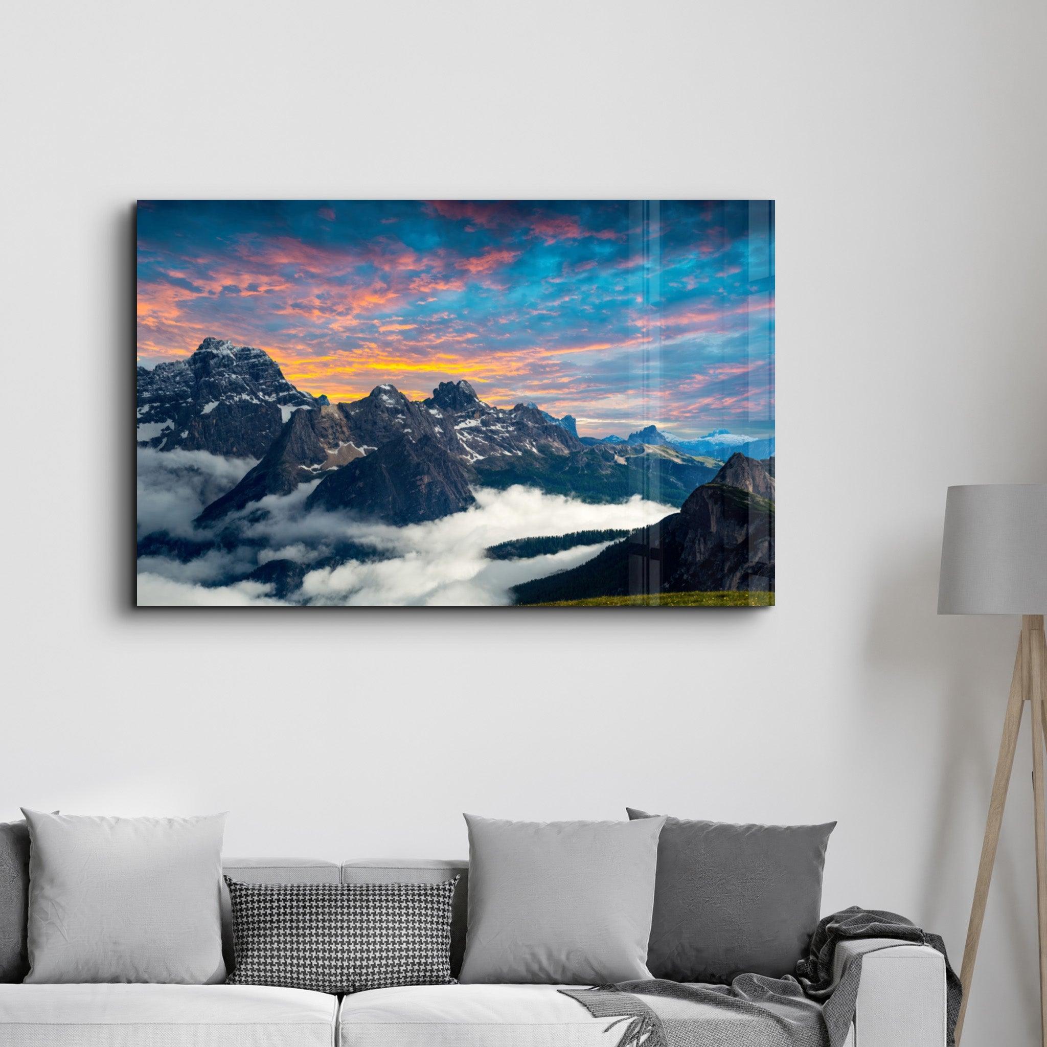 Mountains and Clouds | Glass Wall Art - Artdesigna