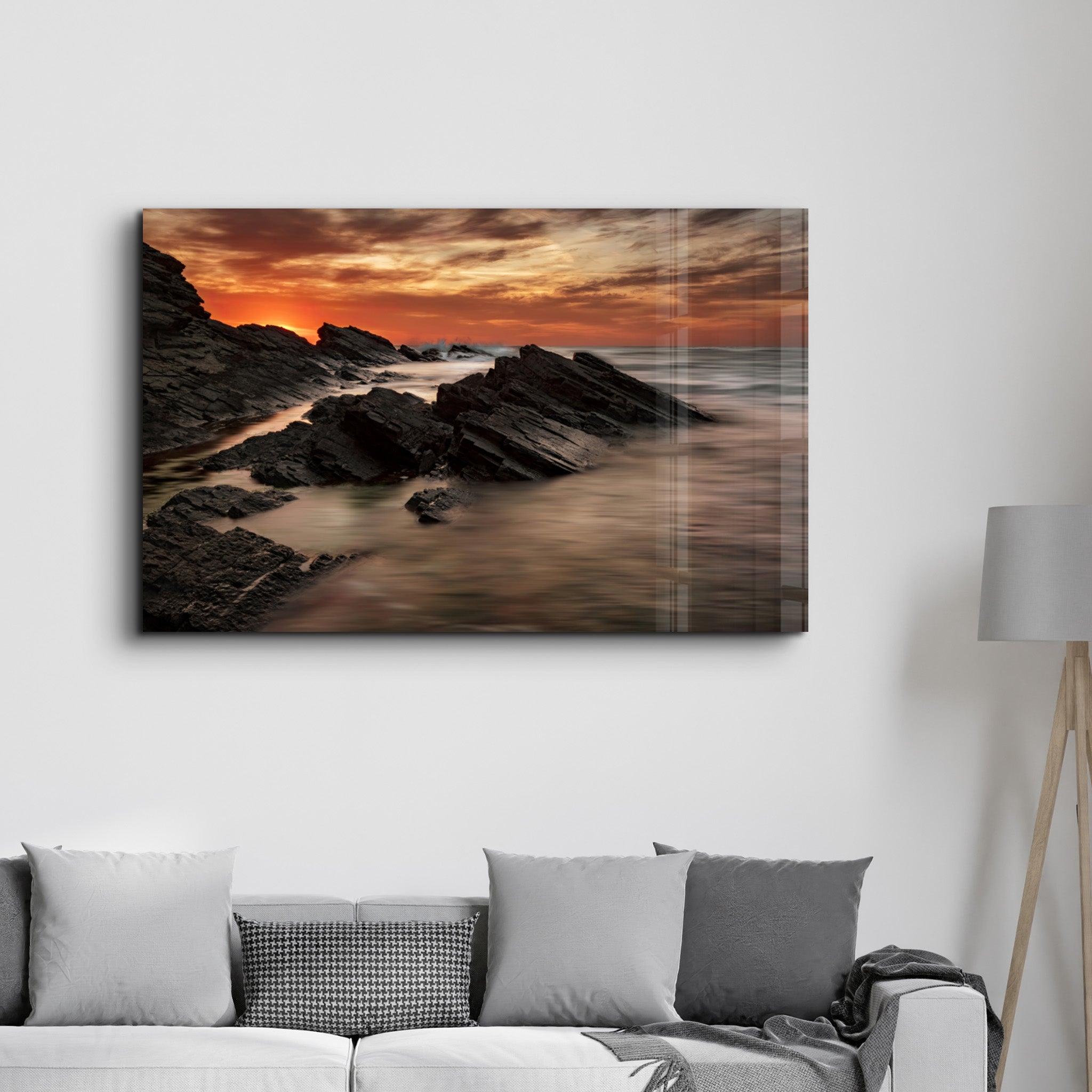 Sharp Rocks and Sunset | Glass Wall Art - Artdesigna